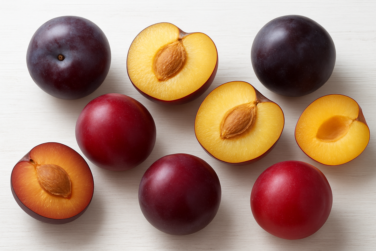 Create a realistic image of fresh whole plums and cross-sectioned plums displaying their characteristic stone pits, featuring various plum varieties in purple, red, and yellow colors arranged on a clean white wooden surface, with some plums cut in half to clearly show the large central stone pit that defines them as stone fruits, soft natural lighting from above creating gentle shadows, clean and educational composition perfect for illustrating the anatomy of stone fruits, absolutely NO text should be in the scene.