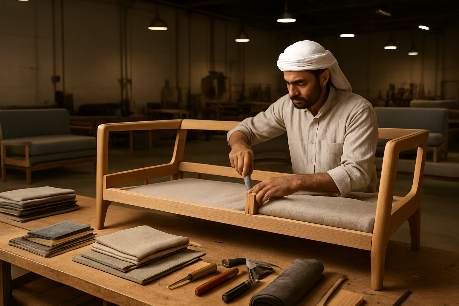 Create a realistic image of a modern furniture workshop in Riyadh showing the step-by-step process of custom sofa manufacturing, featuring a Middle Eastern male craftsman in his 30s working on a sleek contemporary sofa frame, with various upholstery materials, fabric samples, and woodworking tools organized on workbenches, partially completed modern sofas in different stages of construction visible in the background, professional workshop lighting illuminating the craftsmanship process, clean industrial interior with concrete floors and high ceilings, warm and focused working atmosphere, absolutely NO text should be in the scene.
