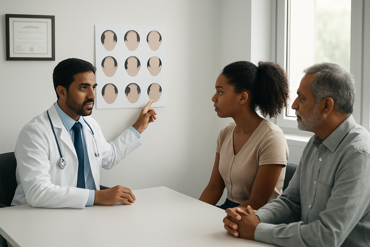 Create a realistic image of a professional South Asian male doctor in a white coat sitting across from a diverse group of potential patients including a middle-aged white male, a young black female, and an older South Asian male, all seated in a modern medical consultation room with the doctor pointing to a hair analysis chart on the wall showing different stages of hair loss, with soft natural lighting from a window, clean white walls, medical certificates displayed, and a professional healthcare atmosphere. Absolutely NO text should be in the scene.