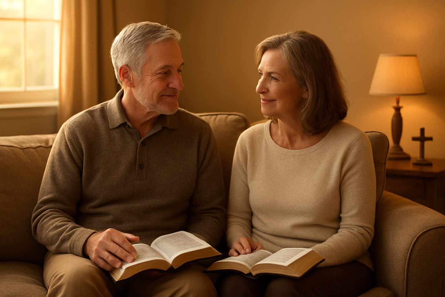 Create a realistic image of a mature white male and white female couple sitting together on a comfortable couch in a warm, softly-lit living room, both holding open Bibles in their laps, looking at each other with gentle, loving expressions while engaged in peaceful conversation, with golden afternoon sunlight streaming through a nearby window, a small wooden cross visible on a side table, and warm earth-tone colors throughout the cozy interior space creating an atmosphere of serenity and spiritual connection, absolutely NO text should be in the scene.