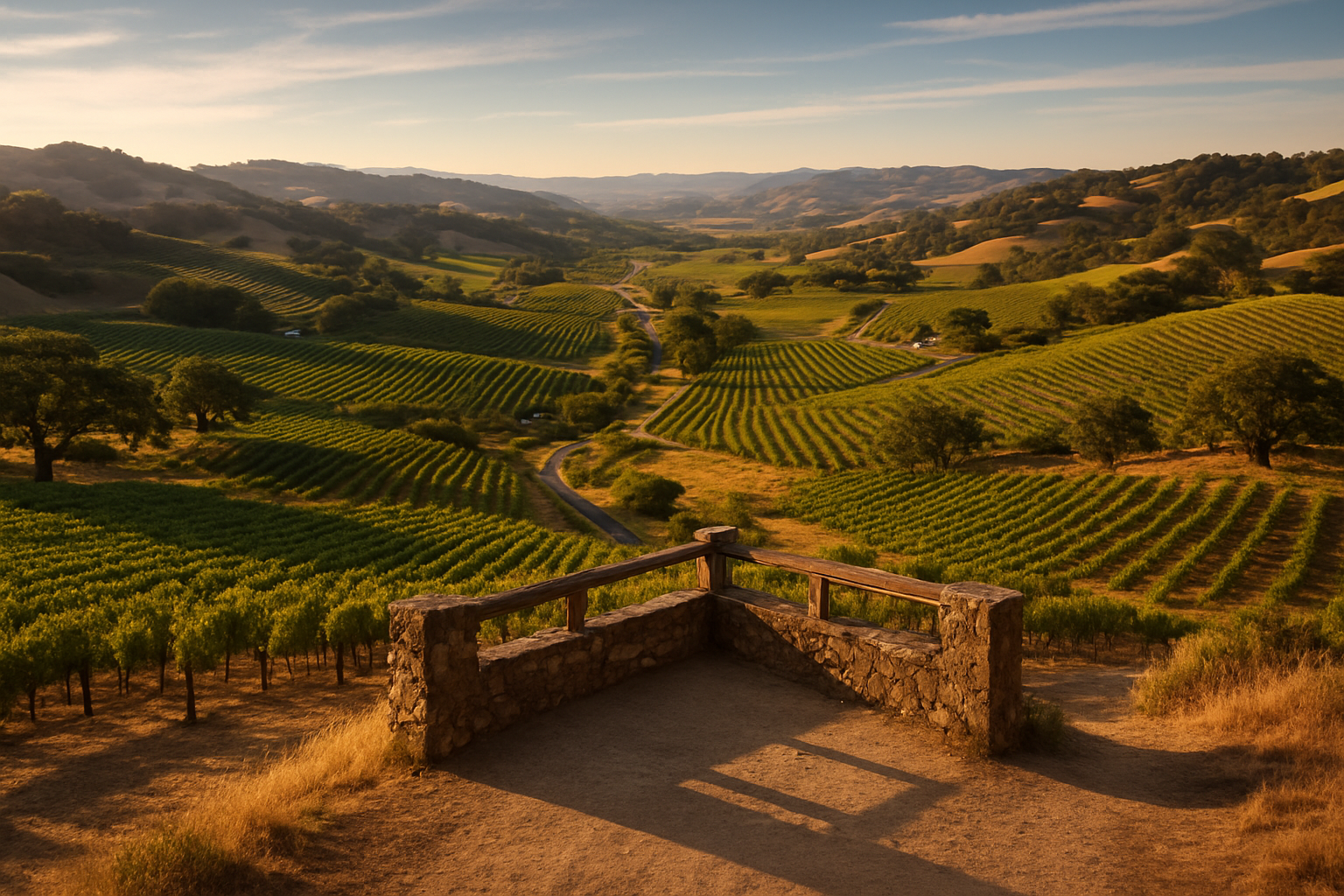 Create a realistic image of an elevated scenic viewpoint overlooking both Sonoma and Napa Valley wine regions, featuring rolling hills covered with neat rows of grapevines stretching into the distance, a winding road leading through the valleys connecting both regions, golden hour lighting casting warm tones across the landscape, scattered wineries and tasting rooms visible among the vineyards, oak trees dotting the hillsides, clear blue sky with wispy clouds, and a wooden observation deck or stone wall in the foreground suggesting a decision point between two paths, absolutely NO text should be in the scene.