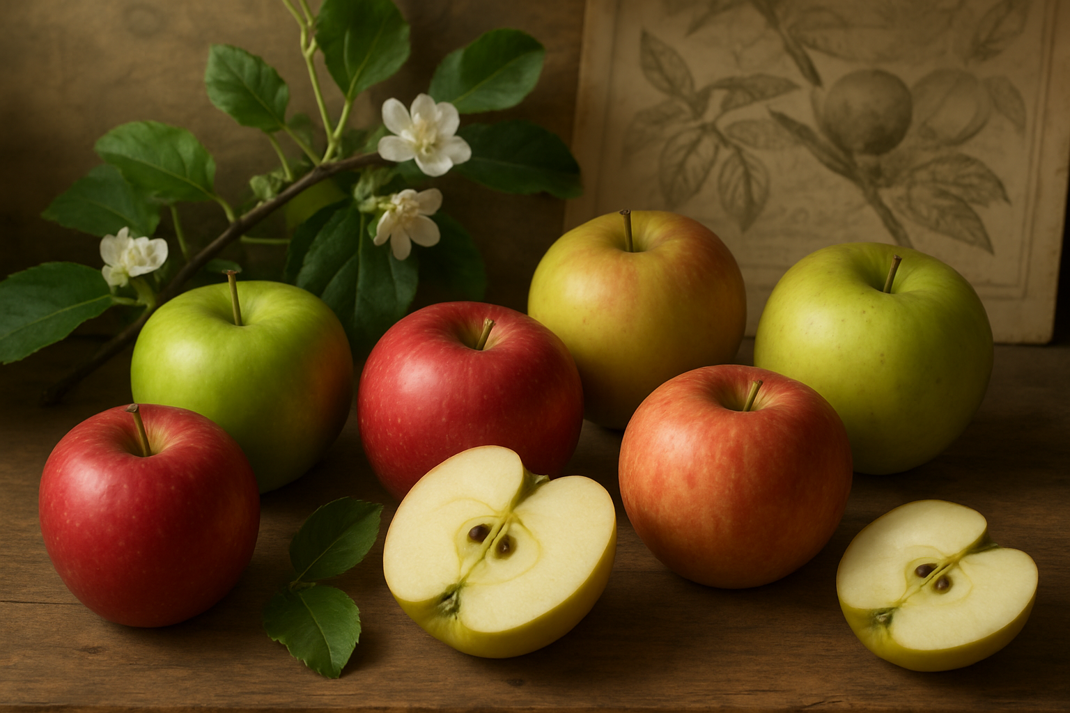 Create a realistic image of various apple varieties arranged on a rustic wooden surface, showing different types including red, green, and yellow apples in their natural state, with some cut in half to reveal the flesh and seeds inside, accompanied by apple tree branches with leaves and blossoms, an old botanical illustration or map partially visible in the background suggesting historical origins, soft natural lighting creating warm shadows, peaceful and educational atmosphere. Absolutely NO text should be in the scene.