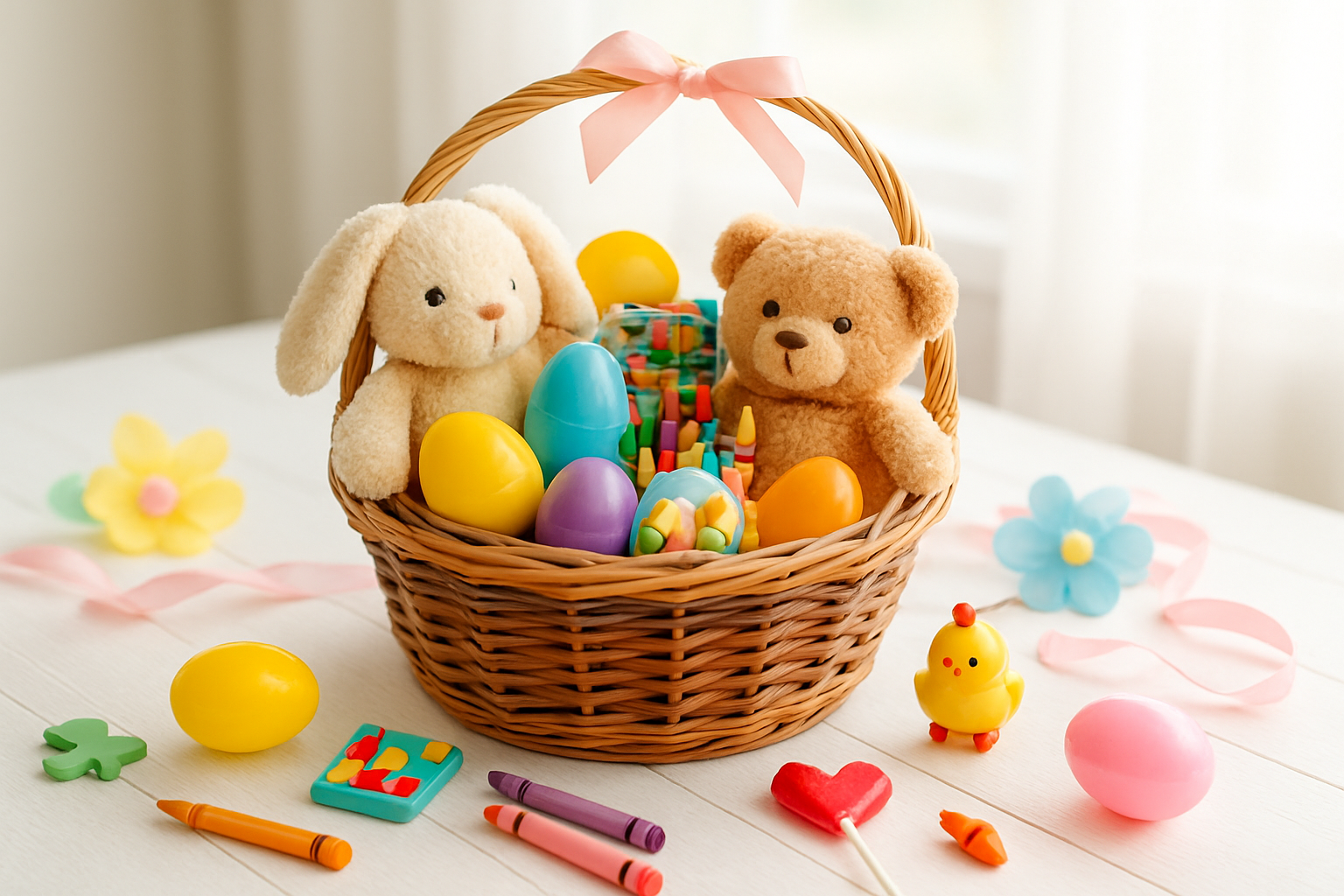 Create a realistic image of a colorful Easter basket filled with affordable children's toys and treats including small stuffed animals, colorful plastic eggs, crayons, small puzzle boxes, candy, and inexpensive toys scattered on a bright white wooden table surface, with soft natural lighting from a window creating a cheerful and inviting atmosphere, surrounded by pastel Easter decorations like paper flowers and ribbon, conveying joy and excitement without appearing expensive, absolutely NO text should be in the scene.