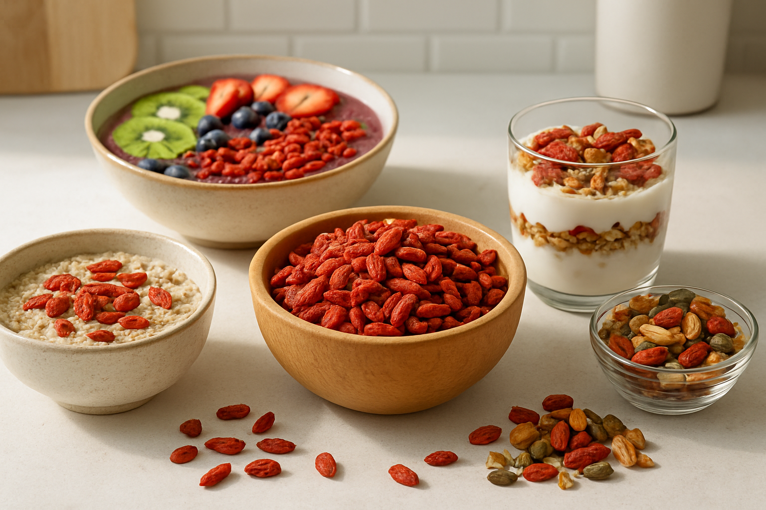 Create a realistic image of a bright kitchen counter with various healthy foods arranged to show different ways to incorporate goji berries into daily meals, featuring a wooden bowl filled with vibrant red goji berries as the centerpiece, surrounded by a smoothie bowl topped with goji berries and fresh fruits, a glass of yogurt parfait layered with goji berries and granola, a handful of goji berries scattered on oatmeal in a ceramic bowl, and some goji berries mixed into a trail mix with nuts and seeds, all photographed in natural daylight with soft shadows creating a warm and inviting atmosphere, absolutely NO text should be in the scene.