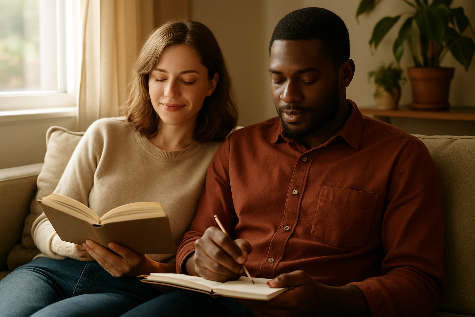 Create a realistic image of two people sitting together on a comfortable couch in a warm, sunlit living room - one white female and one black male - each engaged in their own activities while staying connected, she's reading a book while leaning slightly against him as he sketches in a notebook, both appearing content and at peace, with soft natural lighting streaming through a nearby window, houseplants visible in the background, creating an atmosphere of harmony, independence, and togetherness, absolutely NO text should be in the scene.