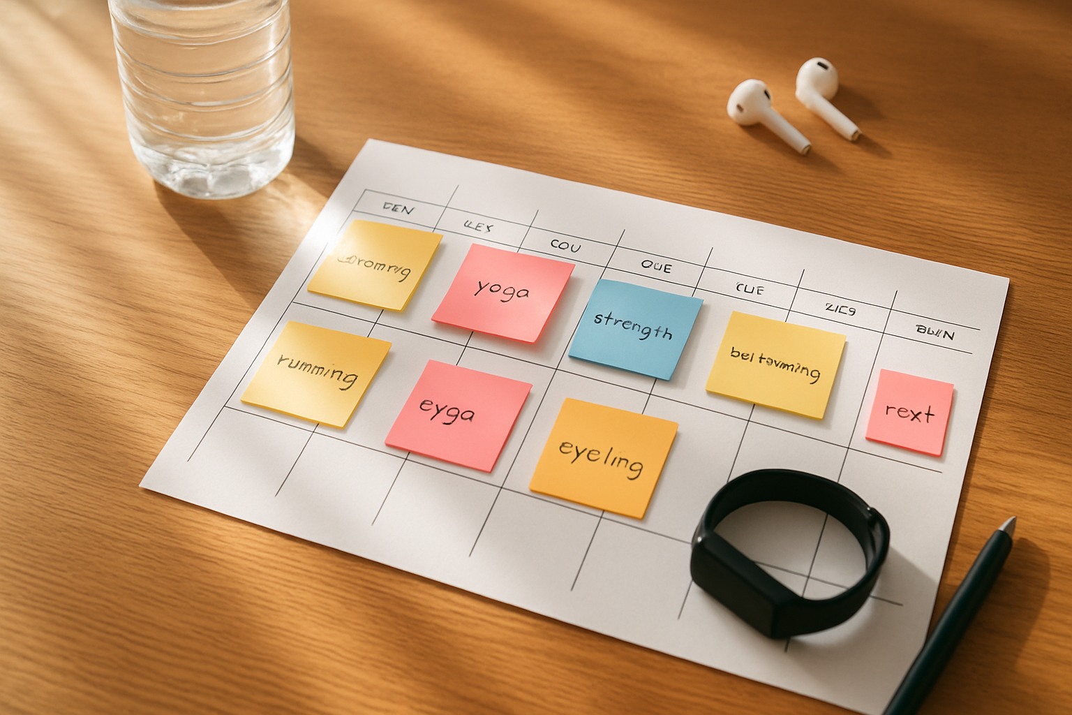 Create a realistic image of a detailed weekly workout calendar or planner laid out on a clean wooden desk surface, showing different exercise activities scheduled across seven days with colorful sticky notes, a water bottle, wireless earbuds, a fitness tracker, and a pen nearby, soft natural lighting from a window creating gentle shadows, organized and motivational atmosphere suggesting consistency and planning, warm and inviting indoor setting that conveys dedication to fitness goals, absolutely NO text should be in the scene.