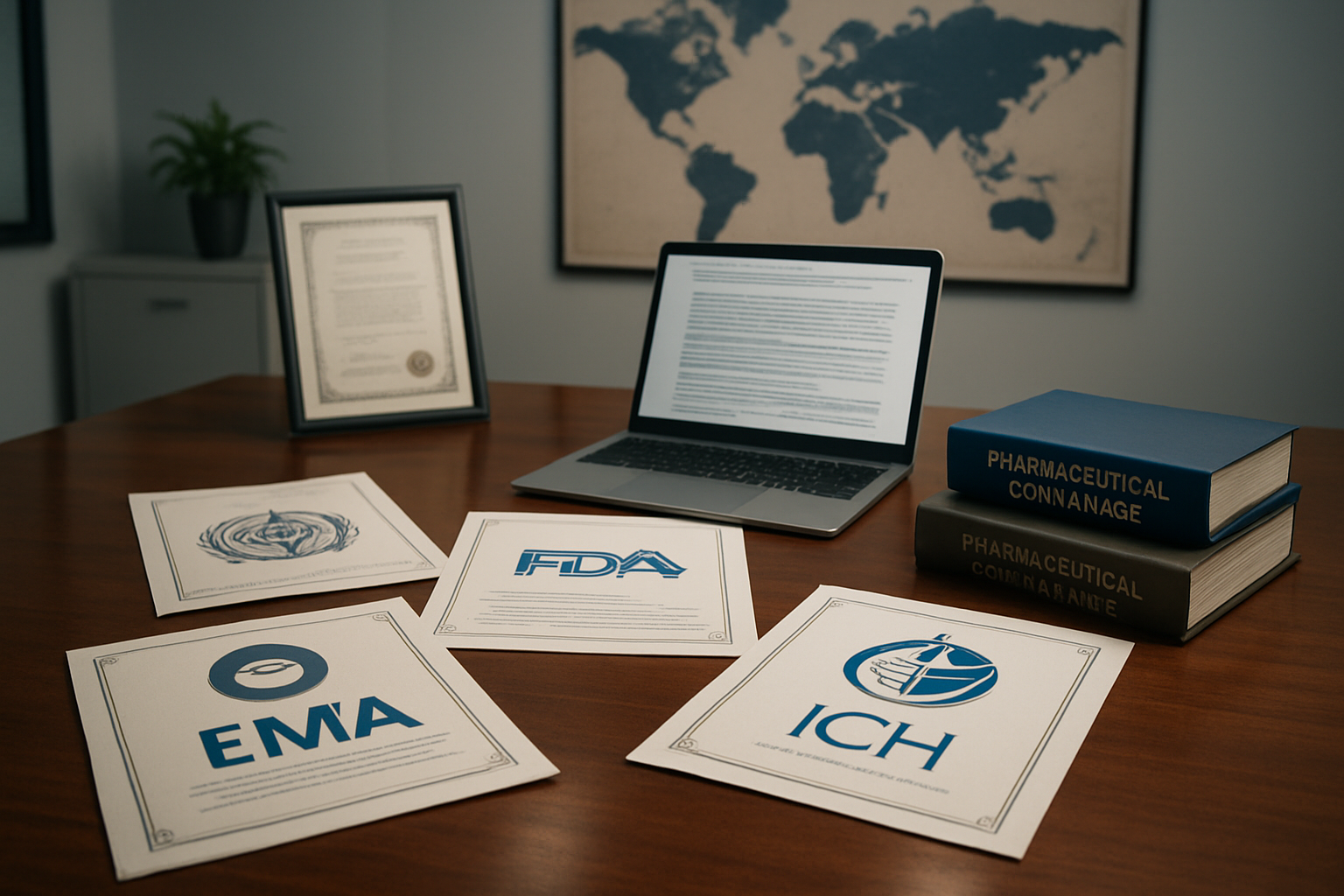 Create a realistic image of a professional office setting with regulatory documents, official certificates, and pharmaceutical guidelines spread across a polished wooden desk, featuring logos and symbols representing international health organizations, a laptop displaying regulatory frameworks, scientific books about pharmaceutical compliance, a world map highlighting key regulatory regions, proper office lighting creating a serious and authoritative atmosphere, with a clean modern background suggesting a regulatory affairs department, absolutely NO text should be in the scene.