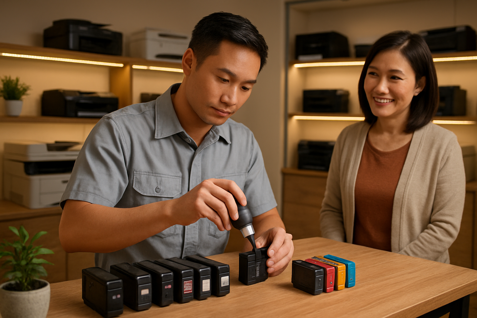 Create a realistic image of a clean, modern printer repair shop interior in Hanoi with multiple black and colored ink cartridges neatly arranged on a wooden counter, a professional Asian male technician in his 30s wearing a clean work shirt carefully refilling a printer cartridge with black ink using specialized tools, various printer models visible on shelves in the background, warm LED lighting creating a welcoming atmosphere, small potted plants adding a touch of greenery, and a satisfied Asian female customer in her 40s standing nearby observing the service with a smile, all set in a well-organized workspace that conveys trust and professionalism. Absolutely NO text should be in the scene.