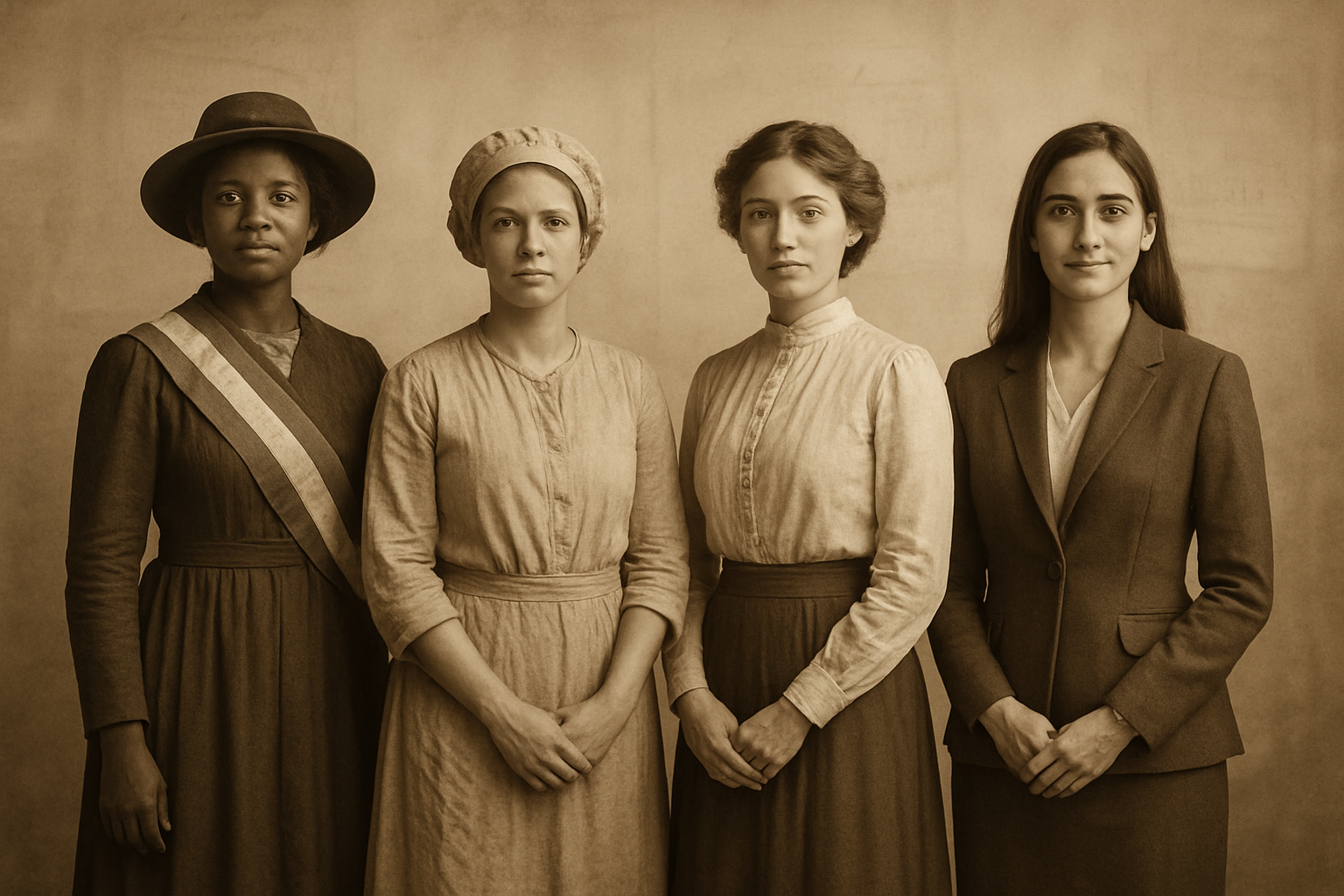 Create a realistic image of a vintage sepia-toned photograph showing diverse women from different historical eras including white and black females wearing period clothing from the early 1900s, suffragettes with sashes and long dresses, factory workers in simple attire, and modern professional women, arranged in a timeline-like composition against a soft, warm background with subtle historical documents and old calendars visible in the background, creating a sense of progression through time with gentle natural lighting that emphasizes the historical evolution theme, absolutely NO text should be in the scene.