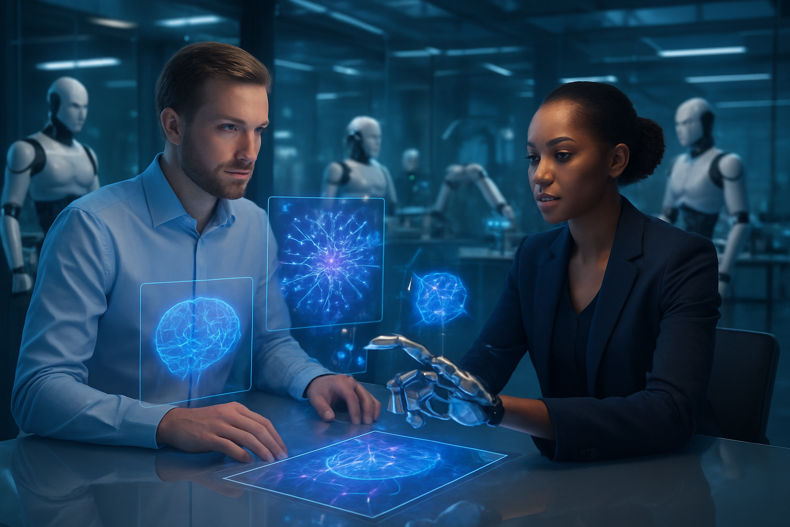 Create a realistic image of a futuristic workspace where a white male professional and a black female professional are collaborating with advanced AI technology, featuring holographic displays showing neural networks and robotic arms, humanoid robots working alongside humans in the background, digital art creations floating as light projections, brain-like AI circuits glowing with blue and purple light, robotic hands reaching toward human hands in a gesture of partnership, set in a sleek modern laboratory with glass surfaces and ambient lighting, conveying an atmosphere of innovation, progress, and harmonious human-AI collaboration, absolutely NO text should be in the scene.