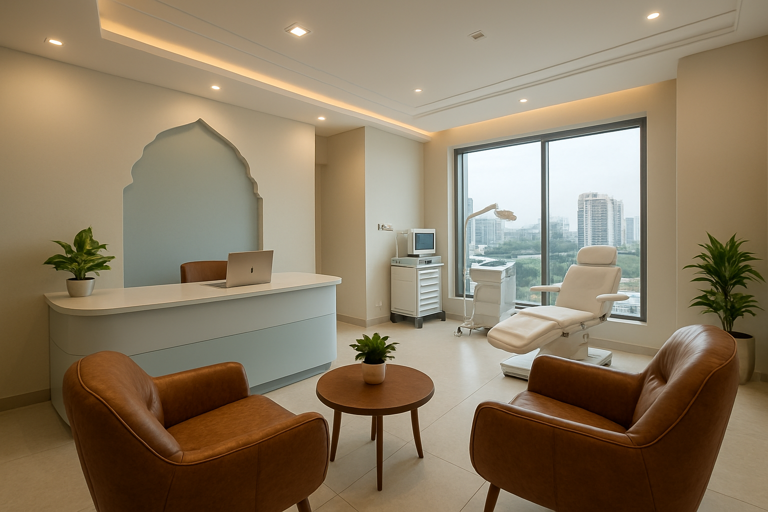Create a realistic image of a modern, upscale hair transplant clinic interior in Chennai with a professional consultation area featuring comfortable leather chairs, a sleek reception desk, and medical equipment visible in the background, warm ambient lighting creating a welcoming atmosphere, clean white and light blue color scheme with subtle Indian architectural elements, a few potted plants adding natural touches, large windows showing Chennai cityscape, the scene conveying trust, professionalism and advanced medical care, absolutely NO text should be in the scene.