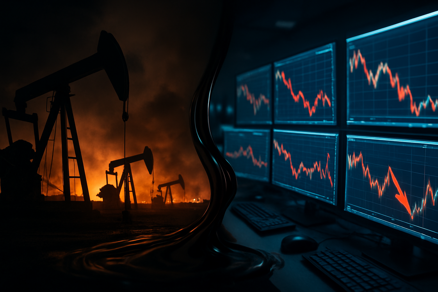 Create a realistic image of a split-screen composition showing on the left side oil pump jacks silhouetted against a dark, smoky sky with distant explosions and fires, and on the right side a modern financial trading floor with multiple computer screens displaying volatile oil price charts with dramatic red downward arrows and upward spikes, connected by a flowing stream of black oil that bridges both scenes, dramatic lighting with orange and red hues from fires contrasting with cool blue computer screen glows, tense atmosphere suggesting market uncertainty, absolutely NO text should be in the scene.