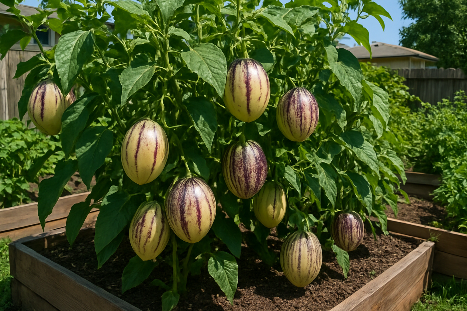 Create a realistic image of a thriving home garden with pepino melon plants growing in raised beds or containers, showing the distinctive oval-shaped purple and cream striped fruits hanging from green leafy vines, with a residential backyard setting including a fence or house in the background, captured in bright natural daylight with clear details of the pepino melons at various stages of ripeness, absolutely NO text should be in the scene.