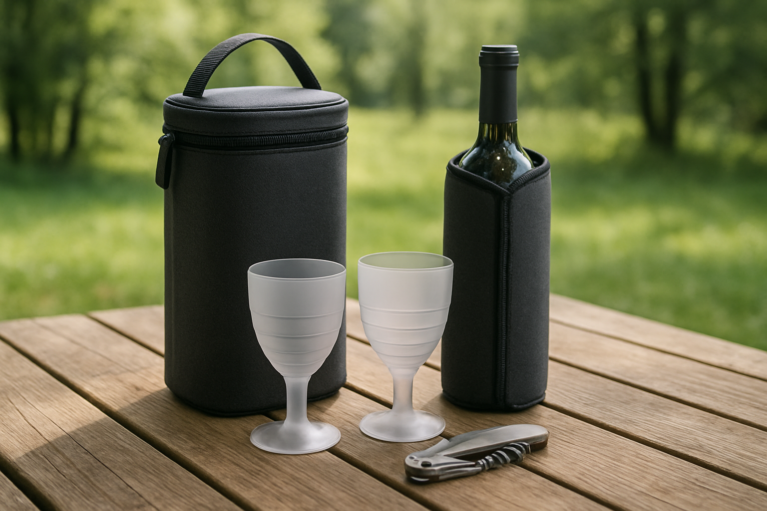 Best Wine Gifts Under $50 (2026 Guide) Create a realistic image of portable wine accessories arranged on a wooden picnic table outdoors, including insulated wine carriers, collapsible wine glasses, wine bottle sleeves, and a compact corkscrew, set against a natural background of green trees and grass with soft natural lighting, creating a relaxed outdoor atmosphere perfect for travel and outdoor wine enjoyment, absolutely NO text should be in the scene.
