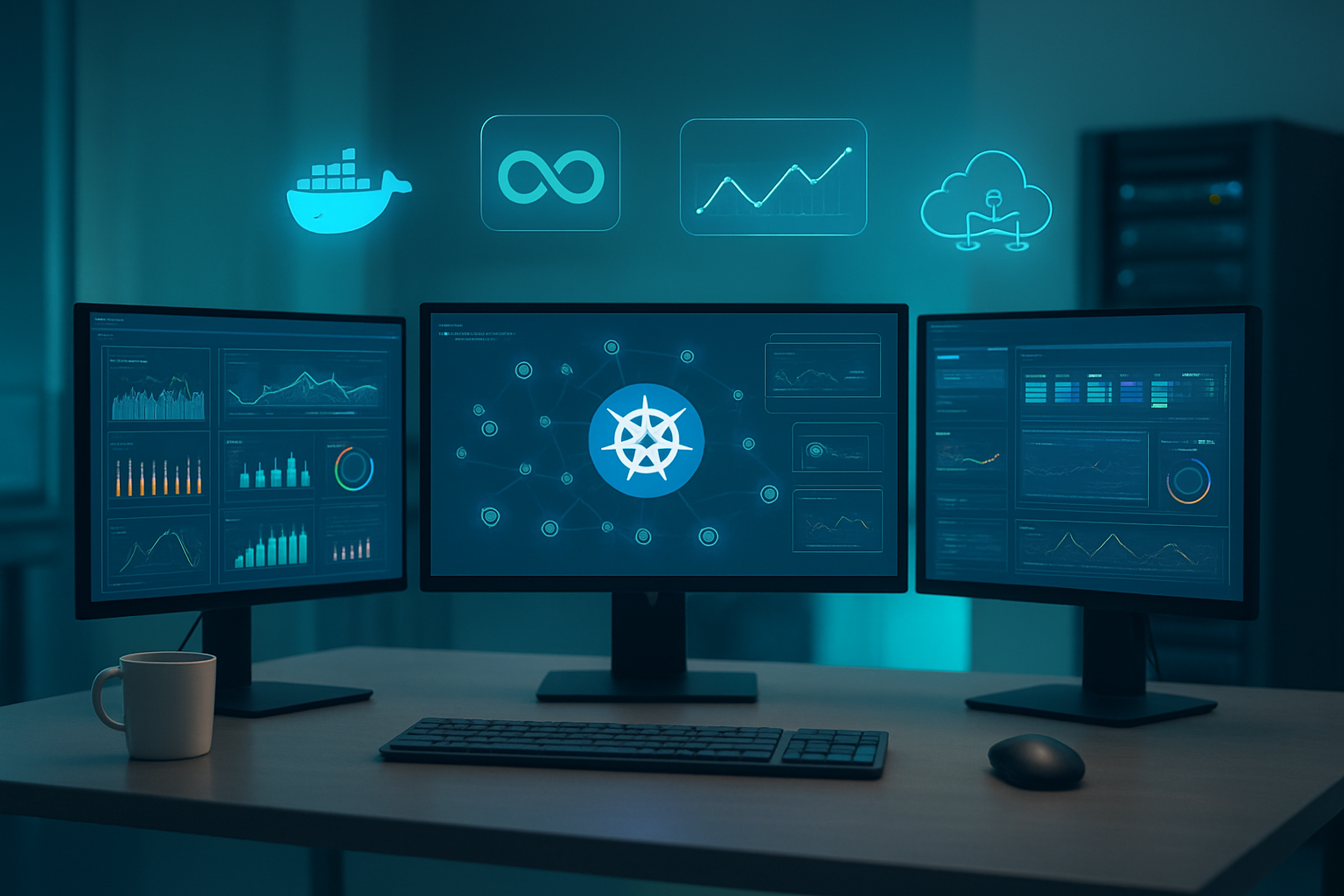 Create a realistic image of a modern tech workspace featuring multiple computer monitors displaying colorful DevOps dashboards, Kubernetes cluster diagrams, and container orchestration interfaces, with essential DevOps tools represented through sleek icons and interface elements floating holographically above the desk, including Docker containers, CI/CD pipeline visualizations, monitoring graphs, and cloud infrastructure symbols, set in a clean, well-lit office environment with soft blue and green ambient lighting reflecting the tech atmosphere, showing keyboard, mouse, and coffee cup on the desk, with servers and networking equipment visible in the blurred background, creating a professional and organized mood that represents seamless integration of development and operations technologies, absolutely NO text should be in the scene.