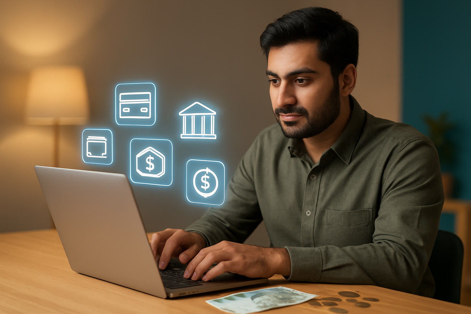 Create a realistic image of a Pakistani male customer sitting at a modern desk using a laptop computer with multiple payment method icons floating holographically above the screen including credit cards, digital wallets, bank transfer symbols, and mobile payment logos, with Pakistani rupee notes and coins scattered on the desk, warm indoor lighting creating a comfortable shopping atmosphere, clean modern background with subtle Amazon-style orange and blue color accents, absolutely NO text should be in the scene.