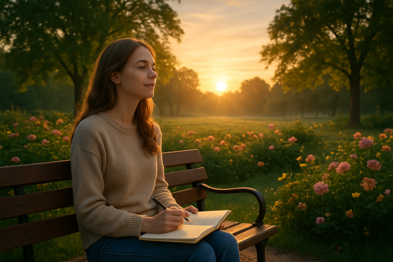 Create a realistic image of a young white female sitting peacefully on a park bench facing a sunrise, holding a journal in her lap with a pen in her hand, surrounded by blooming flowers and green trees, with a calm and hopeful expression on her face, soft golden morning light illuminating the scene, conveying a sense of renewal and personal growth, absolutely NO text should be in the scene.