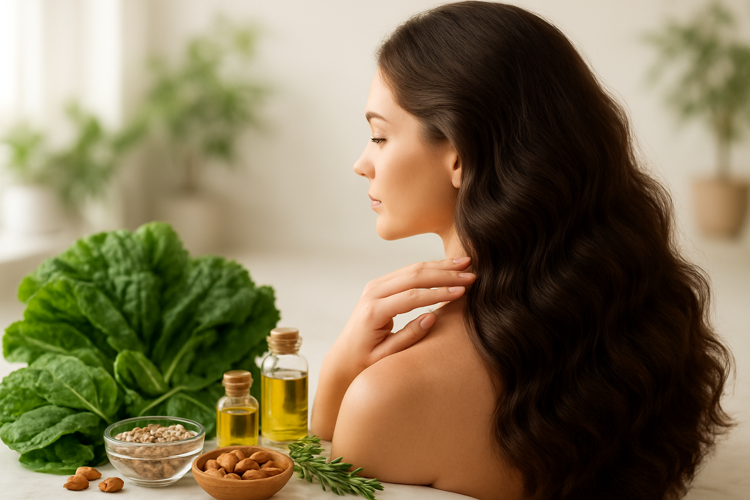 Create a realistic image of a healthy white female with beautiful, thick, voluminous dark brown hair viewed from behind and side profile, gently touching her dense, shiny hair with her hand, surrounded by natural elements including fresh green leafy vegetables, nuts, seeds, small glass bottles of natural oils, and fresh herbs arranged aesthetically on a clean white marble surface, with soft natural lighting creating a warm, healthy, and wellness-focused atmosphere, shot in a bright, airy environment with subtle green plants in the blurred background, emphasizing the natural and organic approach to hair care, Absolutely NO text should be in the scene.