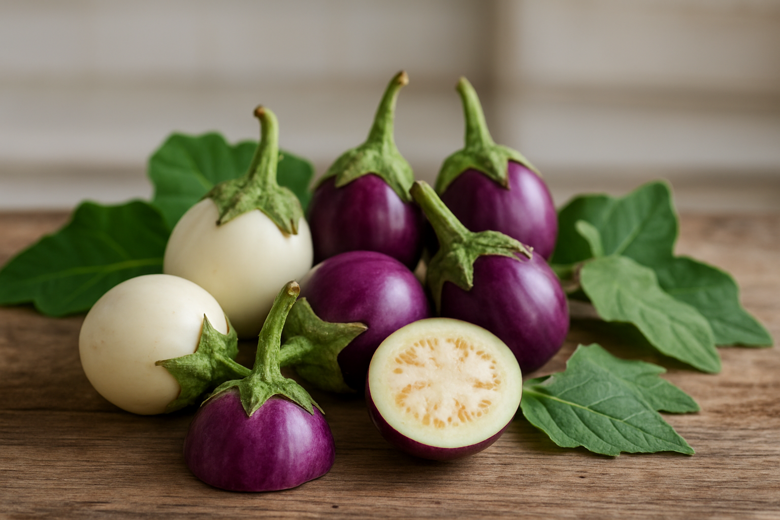 Create a realistic image of fresh garden egg fruits (small white or purple eggplants) displayed on a rustic wooden surface, with some whole fruits and one cut in half showing the interior flesh and seeds, surrounded by green leaves from the plant, with natural daylight creating soft shadows, in a clean kitchen or market setting that emphasizes the educational nature of learning about this vegetable. Absolutely NO text should be in the scene.