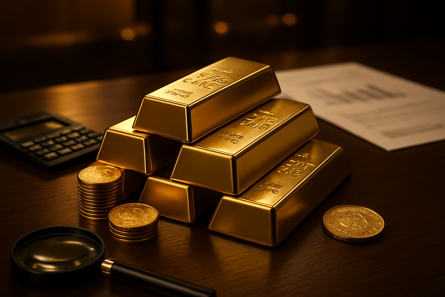 Create a realistic image of a sophisticated investment setting featuring gleaming gold bullion bars and coins arranged elegantly on a polished dark wooden desk, with a subtle warm golden lighting that highlights the metallic surfaces, complemented by professional investment documents partially visible in the background, a calculator, and a magnifying glass nearby, all set in an upscale office environment with soft bokeh lighting creating a premium and trustworthy atmosphere that conveys successful gold investment completion, absolutely NO text should be in the scene.