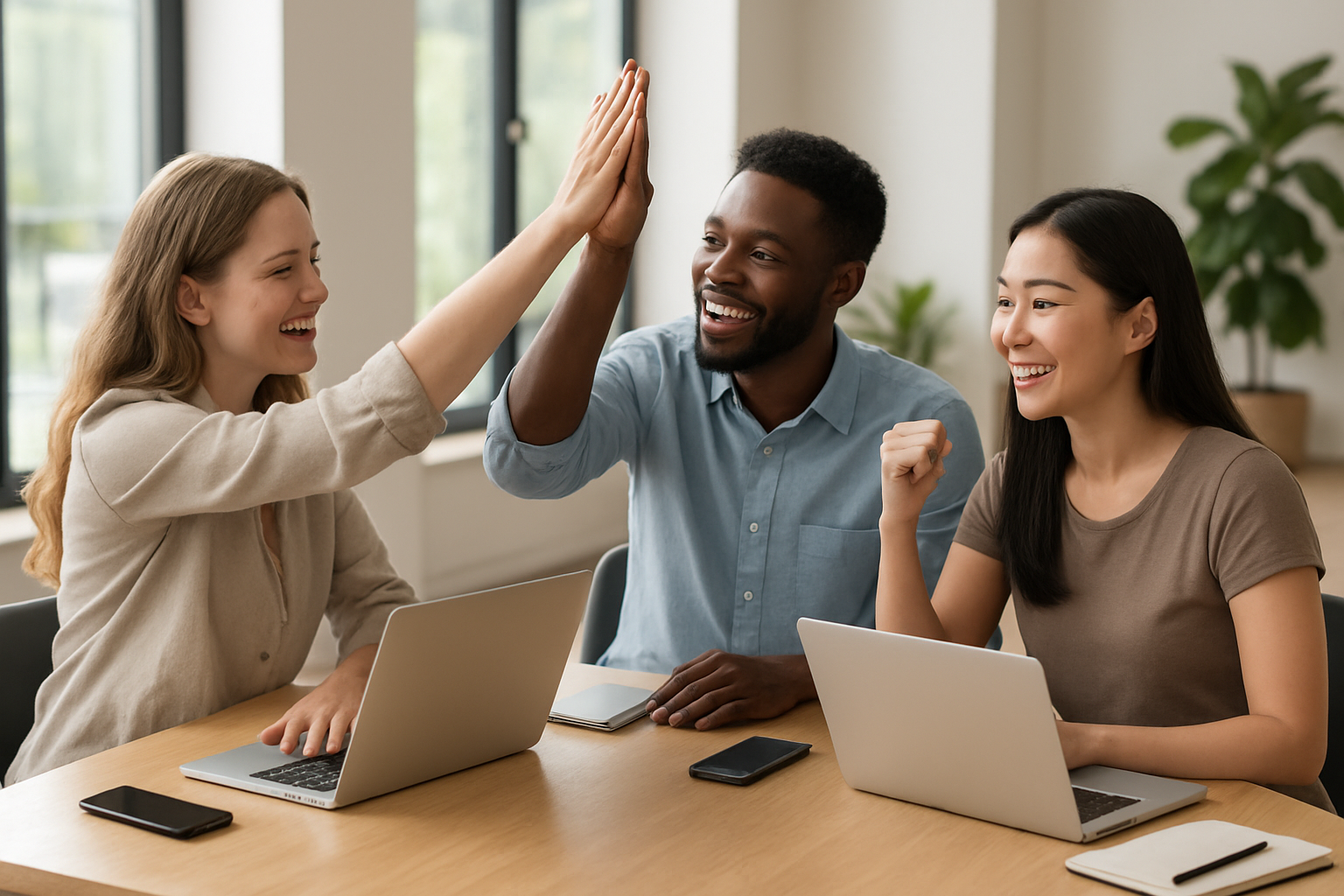 Create a realistic image of a successful diverse group of freelancers including a white female, black male, and Asian female sitting around a modern wooden table with laptops, smartphones, and notebooks, celebrating their achievements with satisfied expressions and subtle high-fives, in a bright contemporary co-working space with large windows showing natural daylight, plants in the background, and a warm, optimistic atmosphere that conveys success and collaboration in the freelancing world, with soft natural lighting creating a professional yet approachable mood, absolutely NO text should be in the scene.