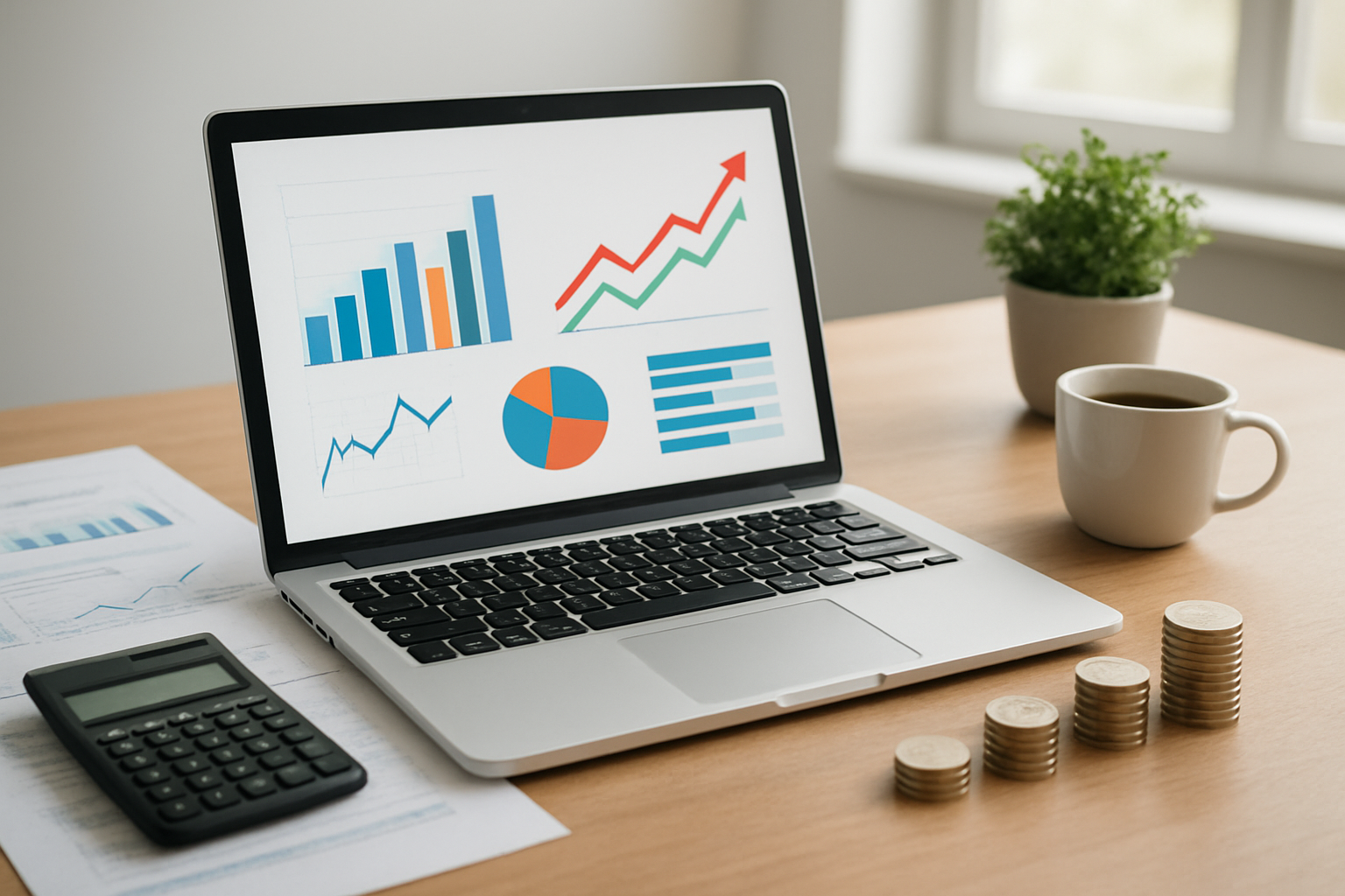 Create a realistic image of a clean, modern desk setup showing a laptop computer displaying colorful investment charts and graphs with upward trending arrows, surrounded by financial documents, a calculator, and small stacks of coins arranged neatly, with a potted plant and coffee cup in the background, soft natural lighting from a window, conveying a professional and organized investment planning atmosphere, absolutely NO text should be in the scene.