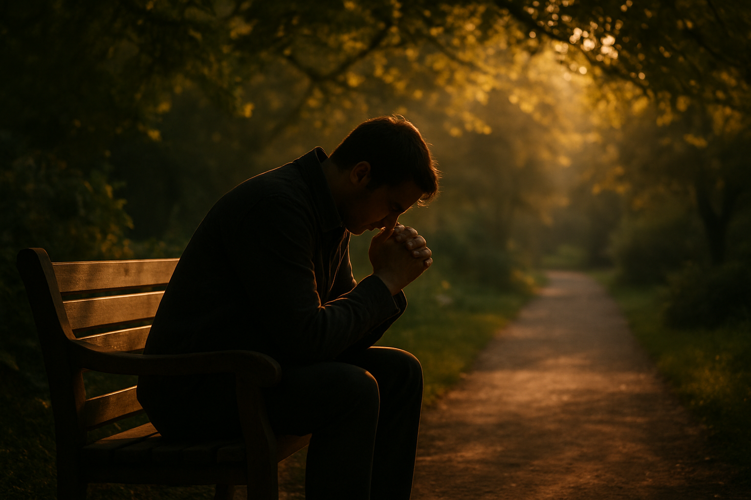 Create a realistic image of a person sitting alone on a wooden bench in a quiet garden during golden hour, with their head bowed down and hands clasped together in contemplative prayer, surrounded by gentle shadows from overhead tree branches, soft warm lighting filtering through leaves creating a peaceful yet melancholic atmosphere, with a pathway leading into the distance symbolizing a spiritual journey, absolutely NO text should be in the scene.