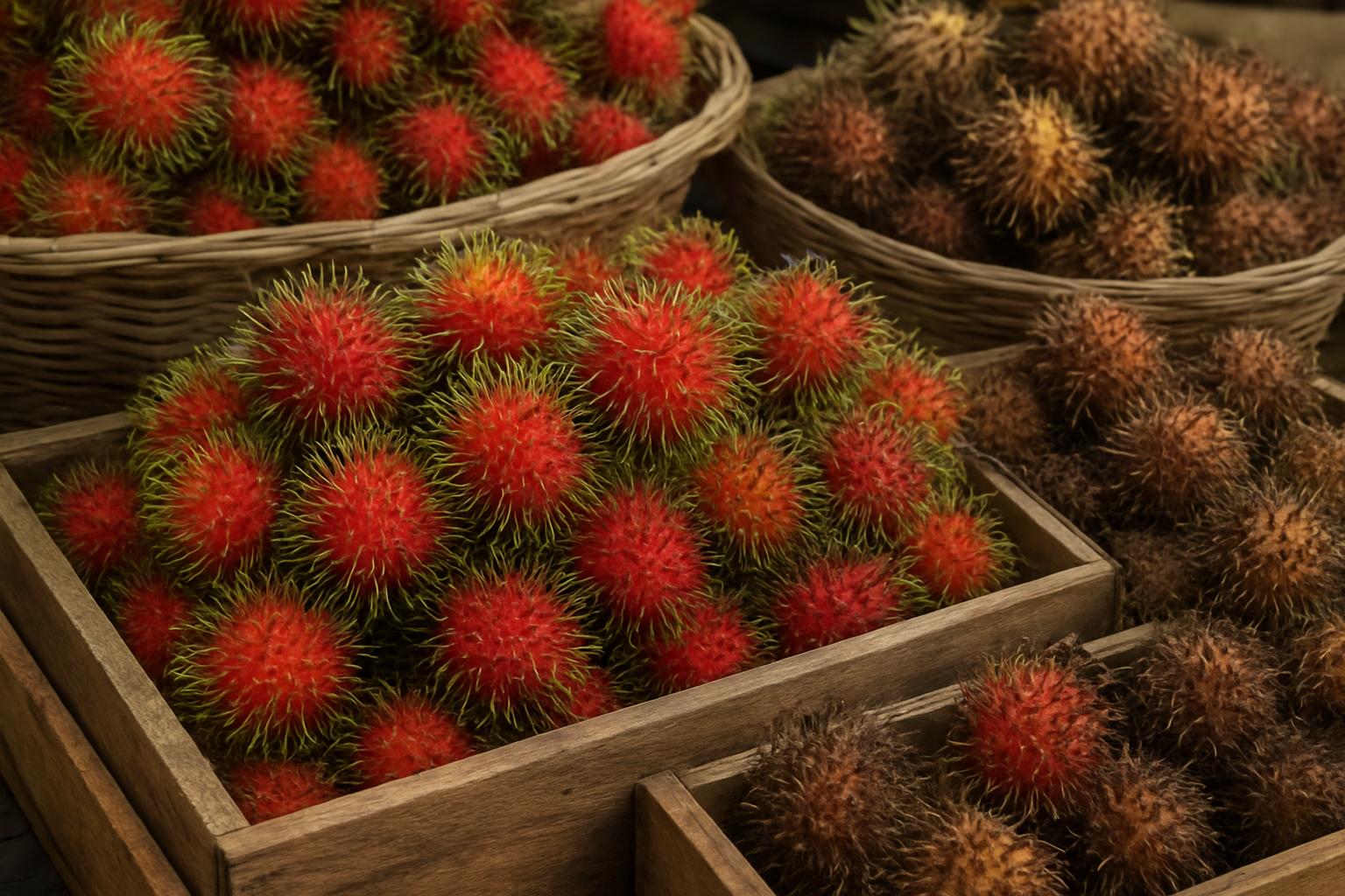 Create a realistic image of fresh rambutan fruits displayed at a market or grocery store setting, showing both perfect quality rambutans with vibrant red spiky shells and bright green spikes alongside some lower quality ones with brown or wilted spikes for comparison, arranged on wooden crates or baskets, with natural daylight illuminating the scene to highlight the texture and color differences that help identify the best rambutans for selection, absolutely NO text should be in the scene.