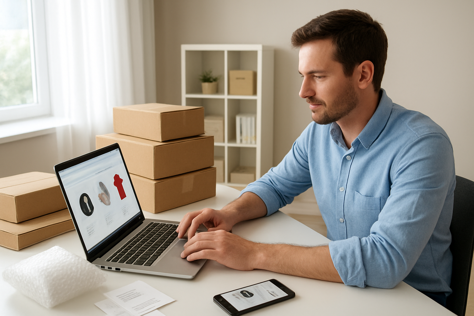 Create a realistic image of a modern workspace setup showing a white male entrepreneur in his 30s sitting at a clean desk with a laptop computer displaying eBay's interface, surrounded by organized shipping supplies including cardboard boxes, bubble wrap, and shipping labels, with a smartphone nearby showing product listings, all set in a bright home office environment with natural lighting from a window, conveying a professional and organized business atmosphere, absolutely NO text should be in the scene.