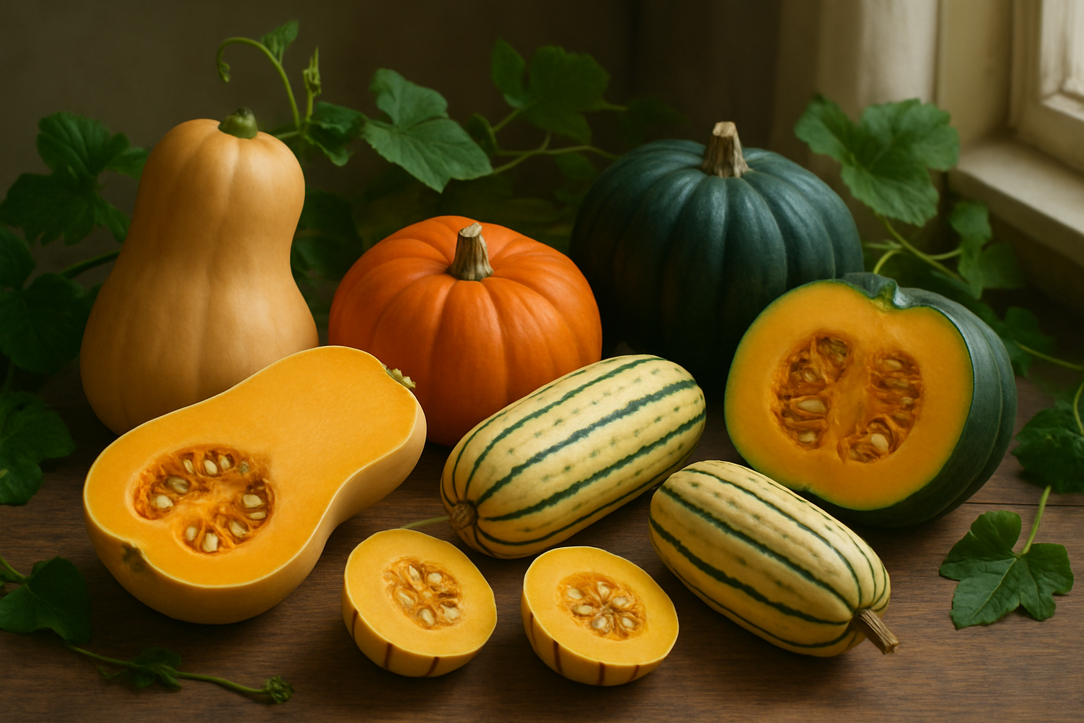 Create a realistic image of various colorful squash varieties arranged on a wooden surface, including butternut squash, acorn squash, delicata squash, and pumpkins, with some cut in half to reveal their internal structure and seeds, surrounded by botanical elements like green leaves and vines, with soft natural lighting from a window creating gentle shadows, emphasizing the natural beauty and diversity of these botanical specimens, absolutely NO text should be in the scene.