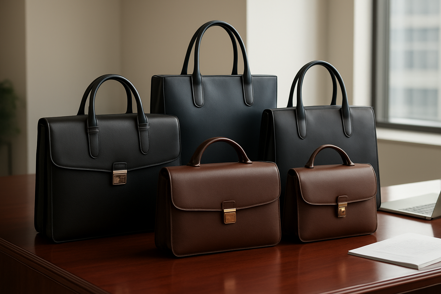 Create a realistic image of an elegant professional handbag collection featuring structured leather briefcases, sleek tote bags, and sophisticated satchels in black, brown, and navy colors arranged on a polished mahogany desk in a modern corporate office setting with soft natural lighting from large windows, clean minimalist background with subtle business environment elements like a laptop and documents, conveying authority and professionalism through premium materials and refined craftsmanship, absolutely NO text should be in the scene.