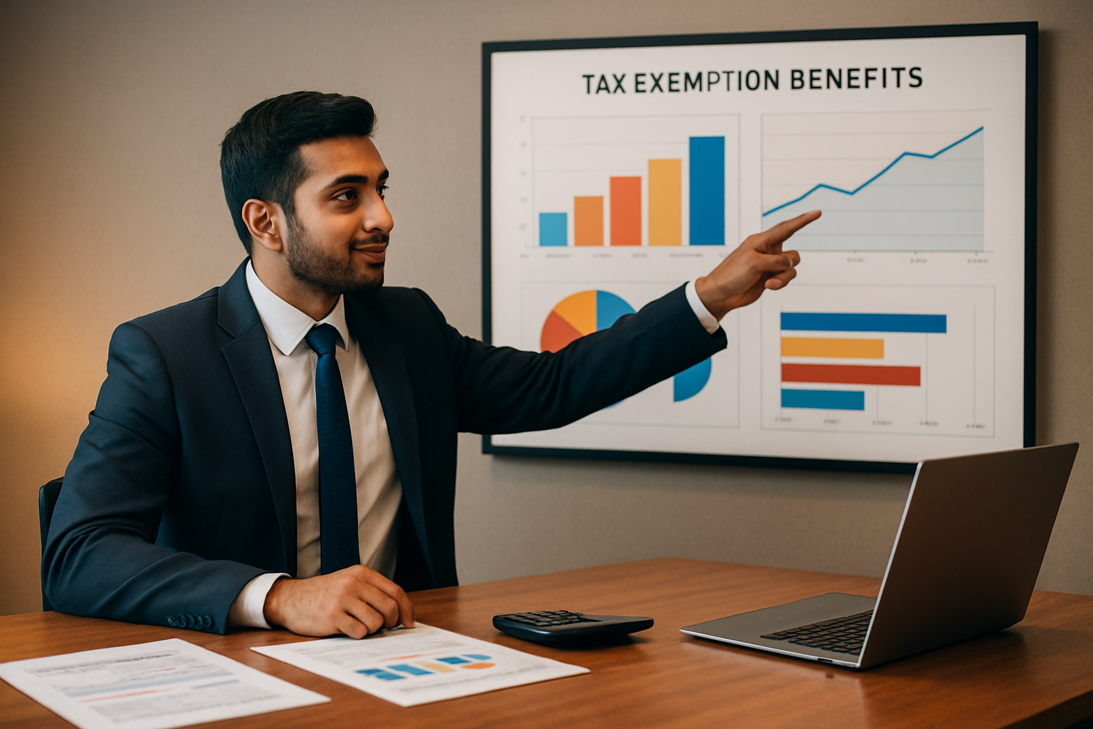 Create a realistic image of a South Asian male financial advisor in a modern office setting pointing to a large wall-mounted infographic chart displaying tax exemption benefits with colorful graphs, pie charts, and numerical data visualizations, with a sleek wooden desk in the foreground containing financial documents, a calculator, and a laptop, warm professional lighting illuminating the scene, creating a consultative and educational atmosphere, absolutely NO text should be in the scene.