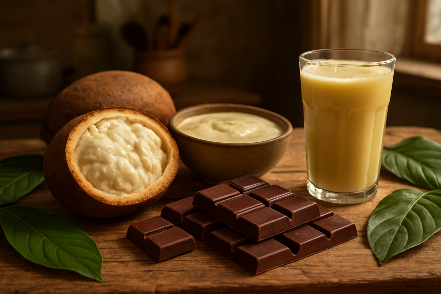 Create a realistic image of a rustic wooden table displaying various cupuacu culinary creations including fresh cupuacu fruit cut open showing white pulp, a bowl of creamy cupuacu smoothie, cupuacu chocolate bars, and a glass of cupuacu juice, with tropical leaves scattered around as decoration, warm natural lighting from a window creating soft shadows, kitchen setting in the background with blurred cooking utensils, inviting and appetizing atmosphere that showcases the versatility of cupuacu fruit in different food preparations, absolutely NO text should be in the scene.