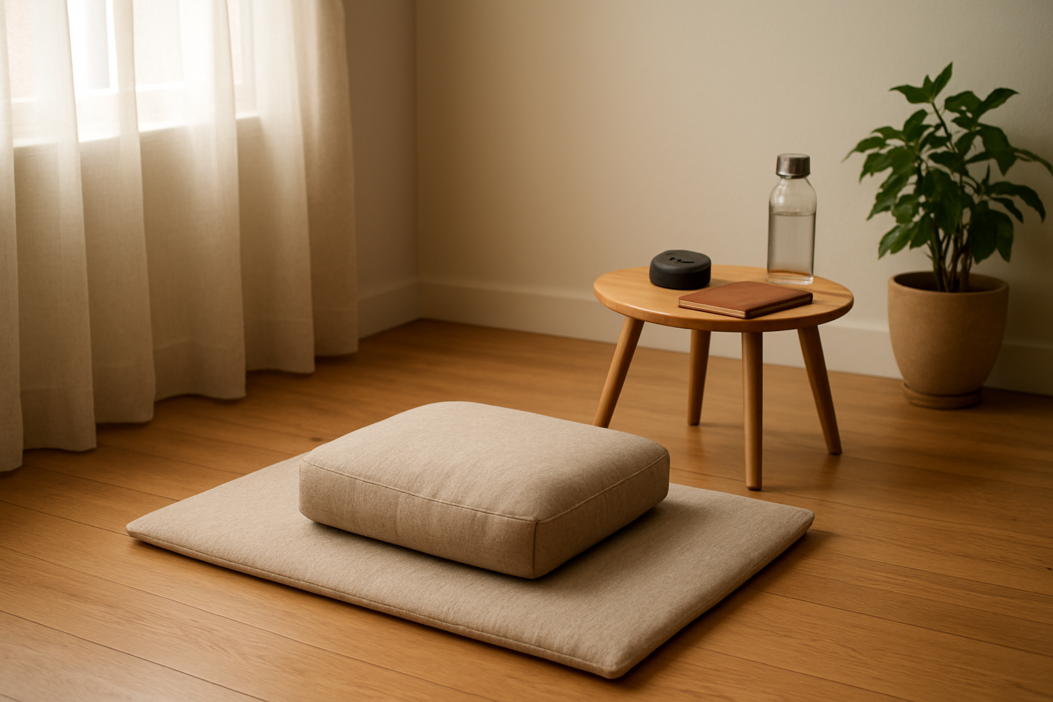 Create a realistic image of a peaceful meditation space setup showing a comfortable meditation cushion or mat placed on a wooden floor, with a small side table containing a meditation timer, journal, and water bottle, soft natural lighting coming through a window, minimalist decor with a potted plant in the corner, warm and inviting atmosphere that suggests preparation and organization for a meditation practice, absolutely NO text should be in the scene.