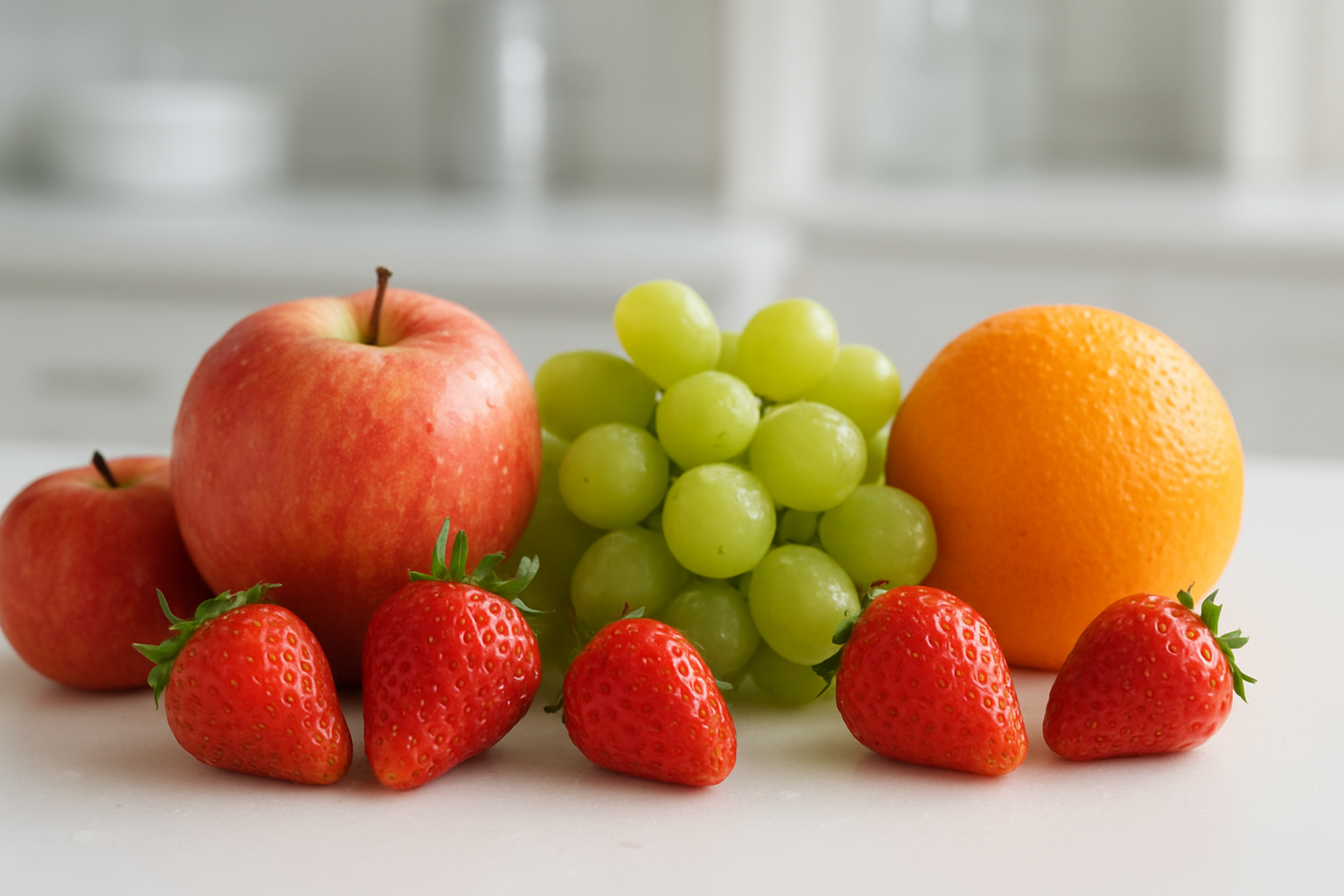 Create a realistic image of fresh popular fruits including apples, strawberries, grapes, and oranges arranged on a clean white surface, with some fruits showing visible water droplets and subtle residue spots on their surfaces, shot in bright natural lighting that highlights the texture and skin of the fruits, with a clean laboratory or kitchen background slightly blurred, creating a scientific yet accessible mood that suggests examination of fruit surfaces, absolutely NO text should be in the scene.