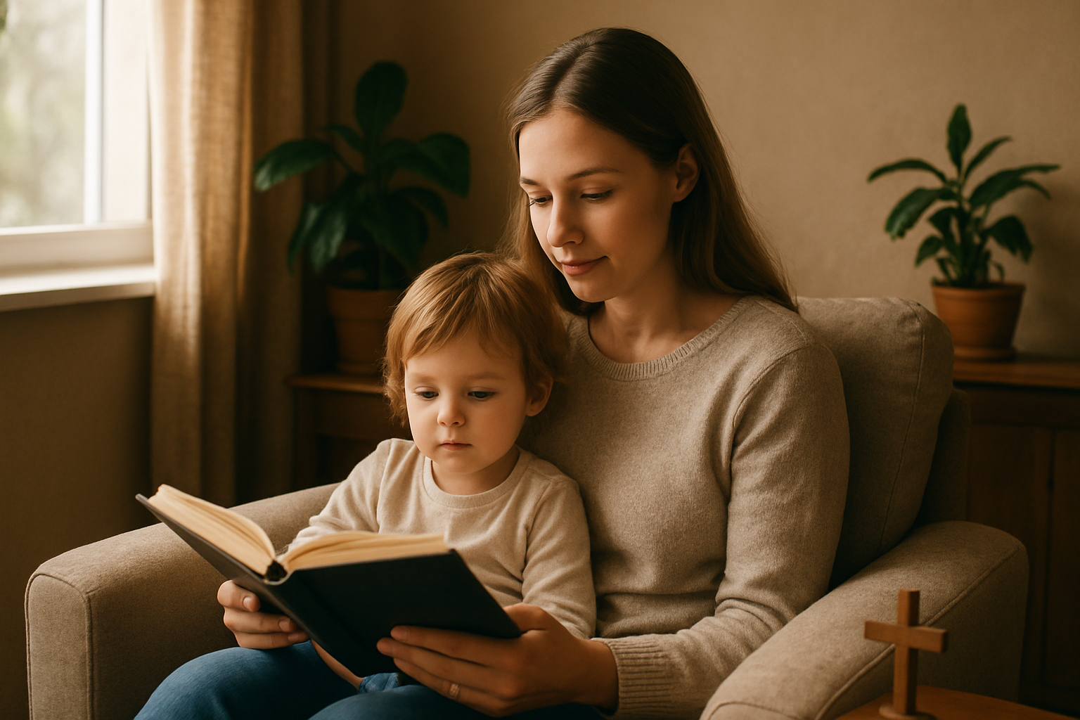 Create a realistic image of a peaceful white mother in her 30s sitting in a cozy living room corner with soft natural lighting from a nearby window, gently reading a book to her young child who sits beside her on a comfortable armchair, with a small wooden cross visible on a nearby side table, warm earth-tone colors throughout the scene, potted plants adding life to the background, and a serene atmosphere conveying love, purpose, and spiritual nurturing in everyday family moments, absolutely NO text should be in the scene.