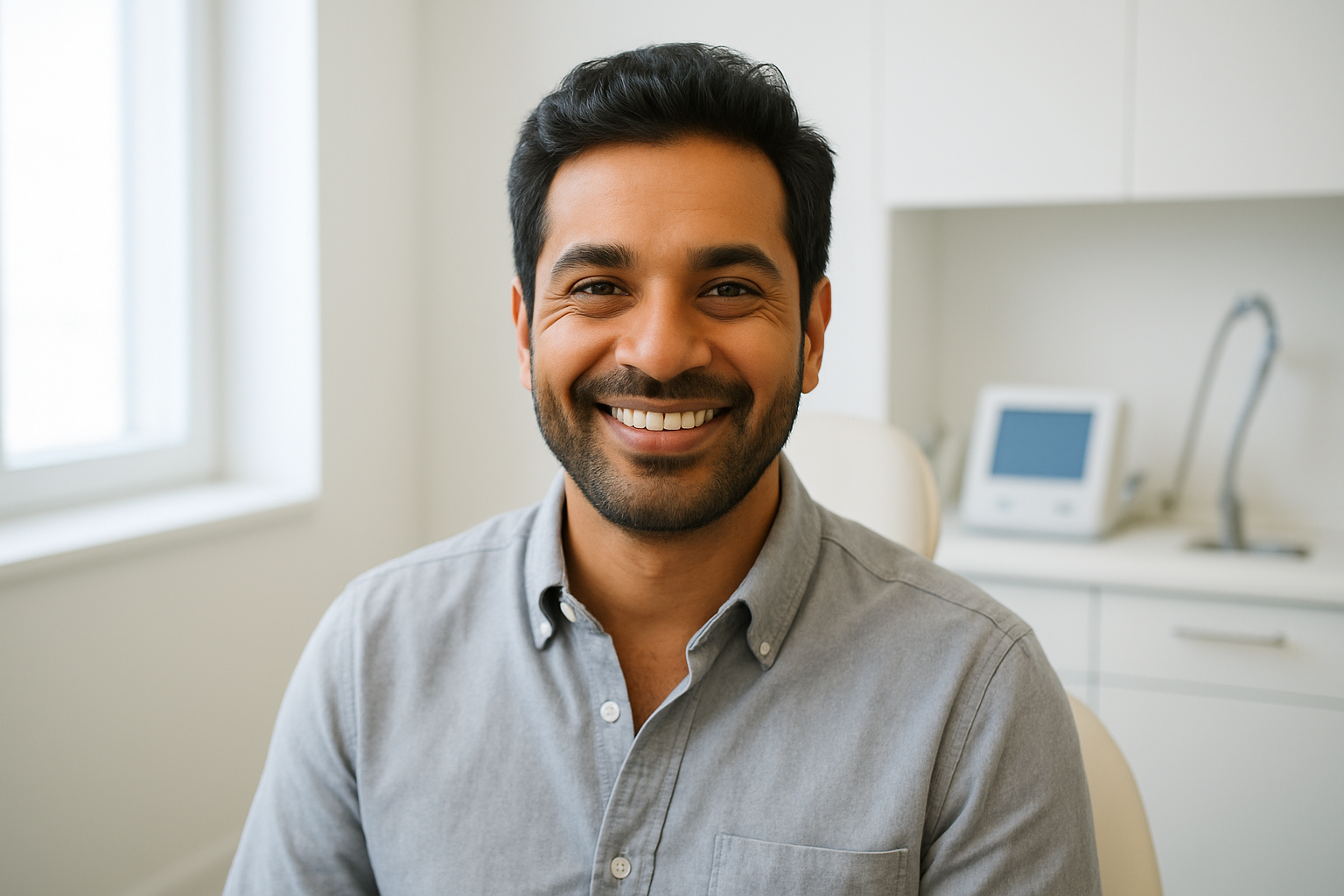 Create a realistic image of a confident South Asian male in his 30s with a full head of healthy hair smiling warmly at the camera, sitting in a modern medical consultation room with clean white walls and professional medical equipment visible in the background, soft natural lighting coming through a window creating a hopeful and positive atmosphere, with the man wearing a casual shirt and appearing satisfied and content, representing successful hair transplant results, absolutely NO text should be in the scene.