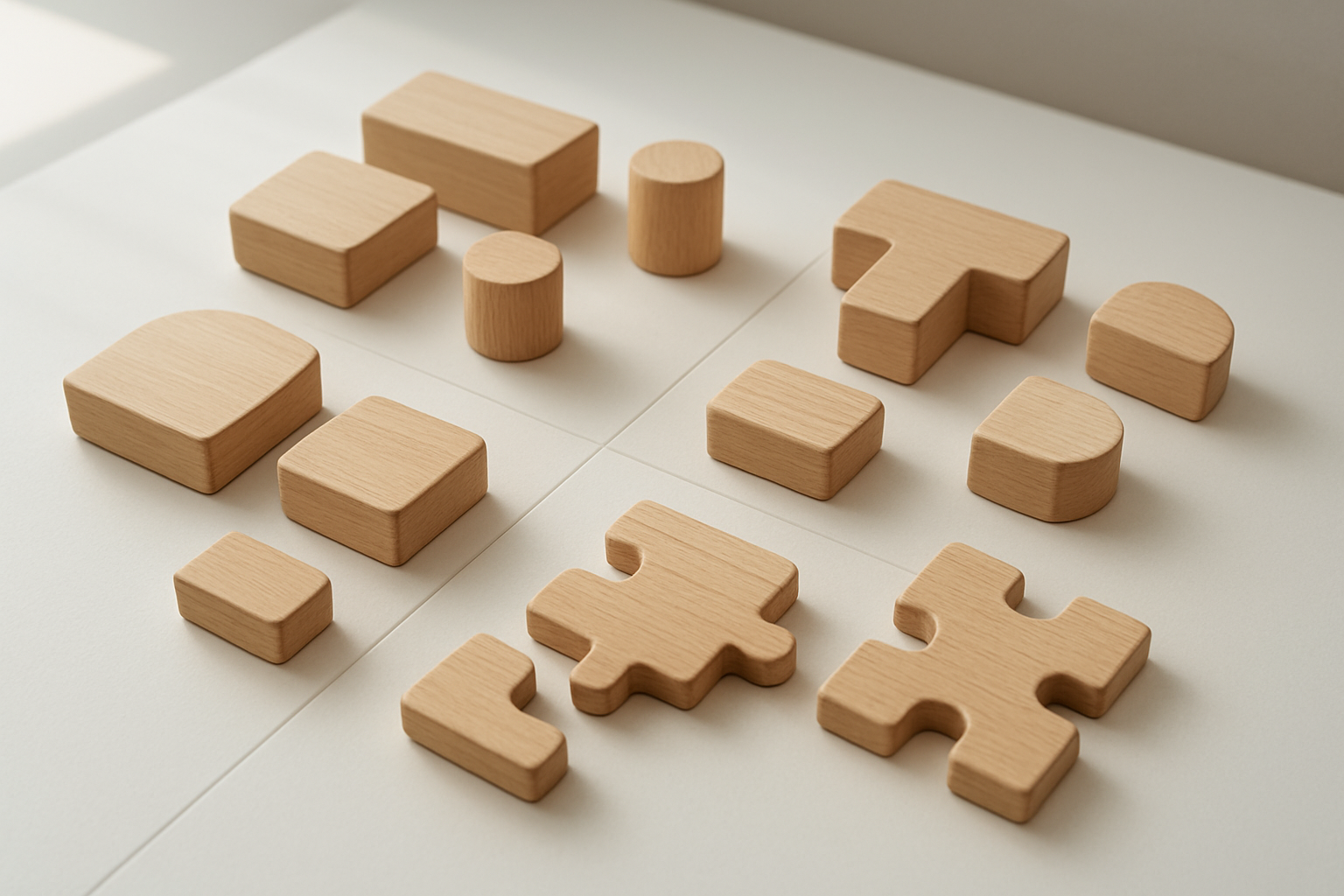 Create a realistic image of a diverse group of wooden blocks or puzzle pieces arranged in distinct, organized categories on a clean white desk surface, with each category separated by subtle dividing lines or small gaps, representing different types of personal boundaries, shot from a slightly elevated angle with soft, natural lighting from a nearby window, creating gentle shadows and a calm, organized atmosphere that conveys clarity and intentional organization, absolutely NO text should be in the scene.