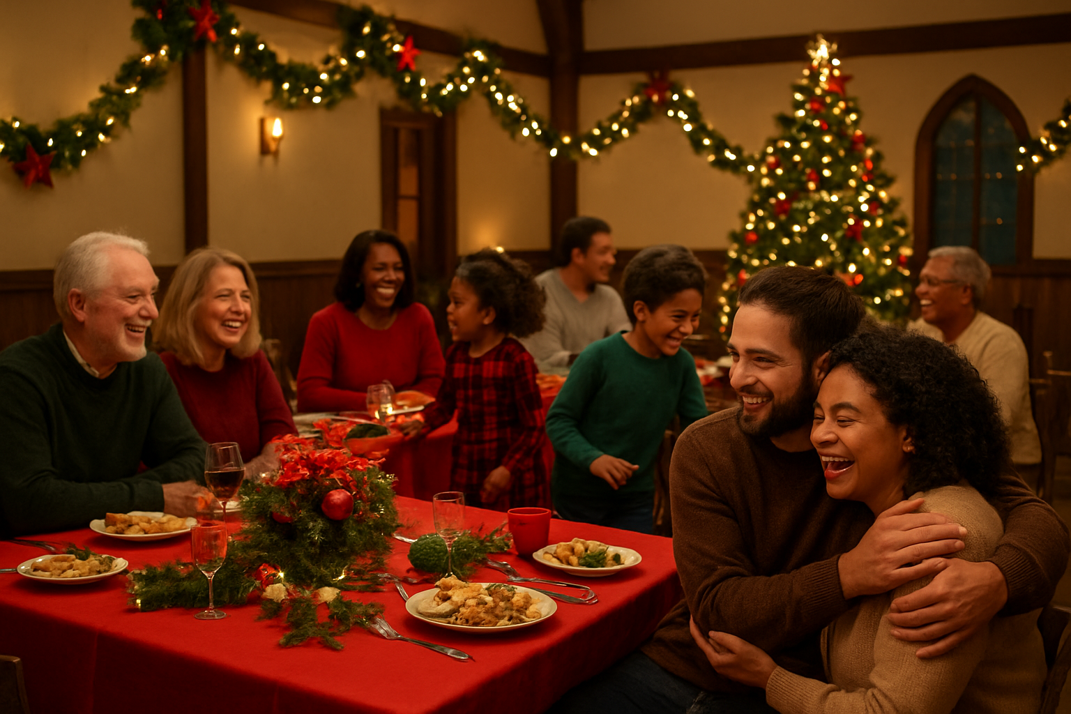 Create a realistic image of a diverse church group including white, black, and Hispanic men and women of various ages gathered in a warm church fellowship hall during a Christmas celebration, with people sitting around decorated tables sharing food and conversation, children playing nearby, Christmas decorations including garland and lights adorning the walls, a beautifully decorated Christmas tree in the background, warm golden lighting creating a cozy atmosphere, people embracing and laughing together showing genuine fellowship and community bonds, festive red and green decorations throughout the space, and a welcoming church interior setting. Absolutely NO text should be in the scene.