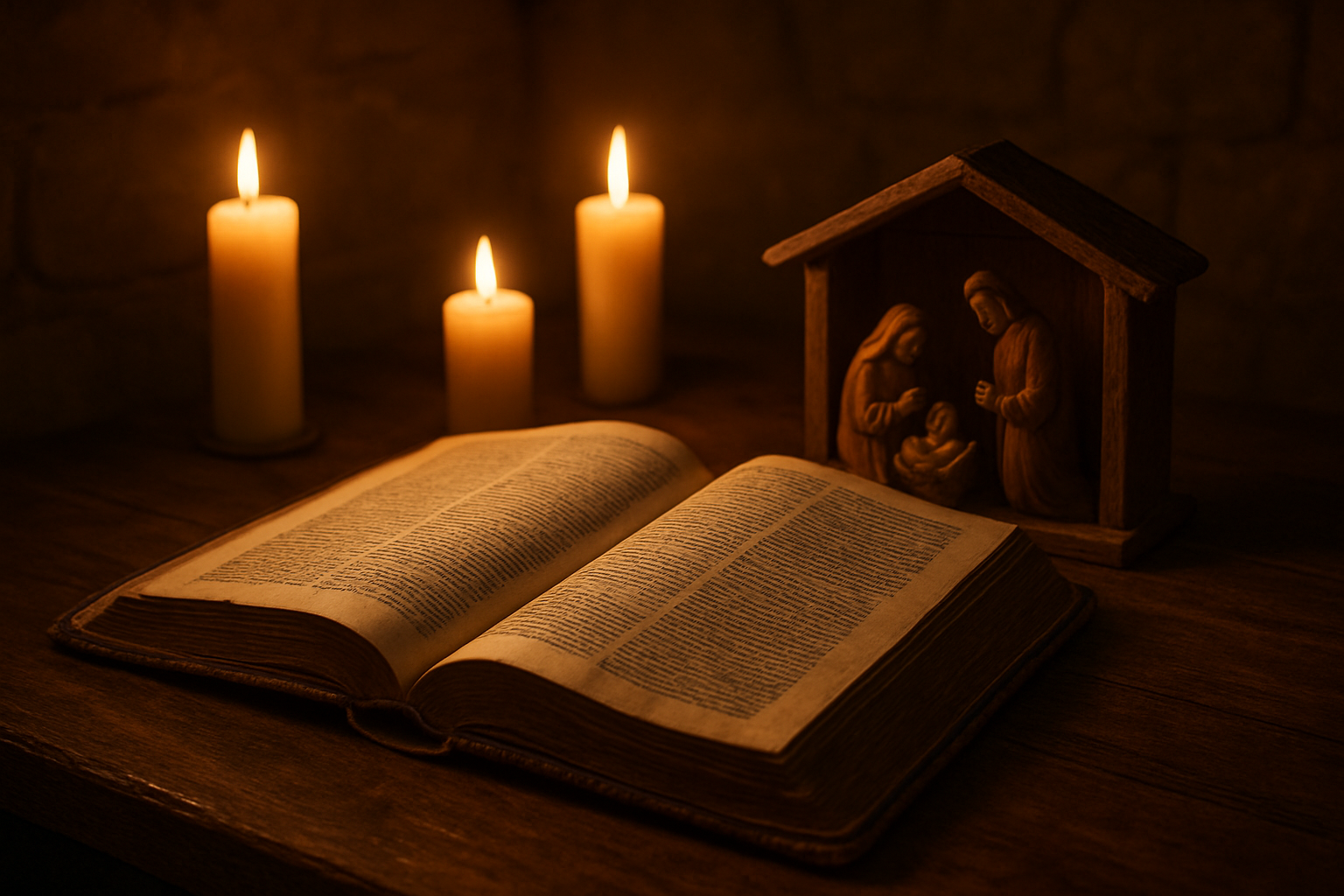 Create a realistic image of an open ancient Bible with worn leather binding resting on a wooden table, showing pages with text about the nativity story, surrounded by soft candlelight from several lit candles, with a small wooden manger scene featuring Mary, Joseph, and baby Jesus placed nearby, set in a quiet study room with warm amber lighting creating a peaceful and reverent atmosphere, stone or brick wall visible in the background, absolutely NO text should be in the scene.