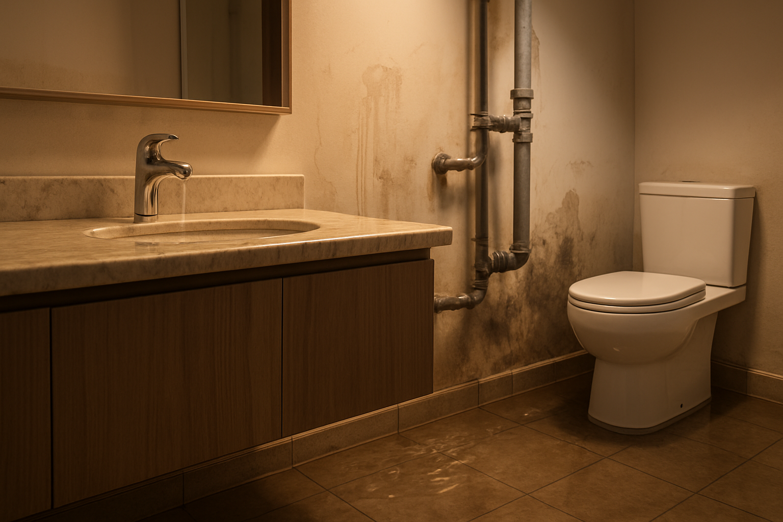 Create a realistic image of a modern apartment bathroom with visible plumbing problems including a dripping faucet with water pooling on the marble countertop, water stains on white walls near exposed pipes, a partially flooded tile floor with standing water reflecting overhead lighting, damaged drywall with dark water damage spots, and a leaking pipe connection under the sink with water droplets visible, set in a contemporary UAE-style apartment interior with warm ambient lighting casting shadows that emphasize the moisture damage, absolutely NO text should be in the scene.