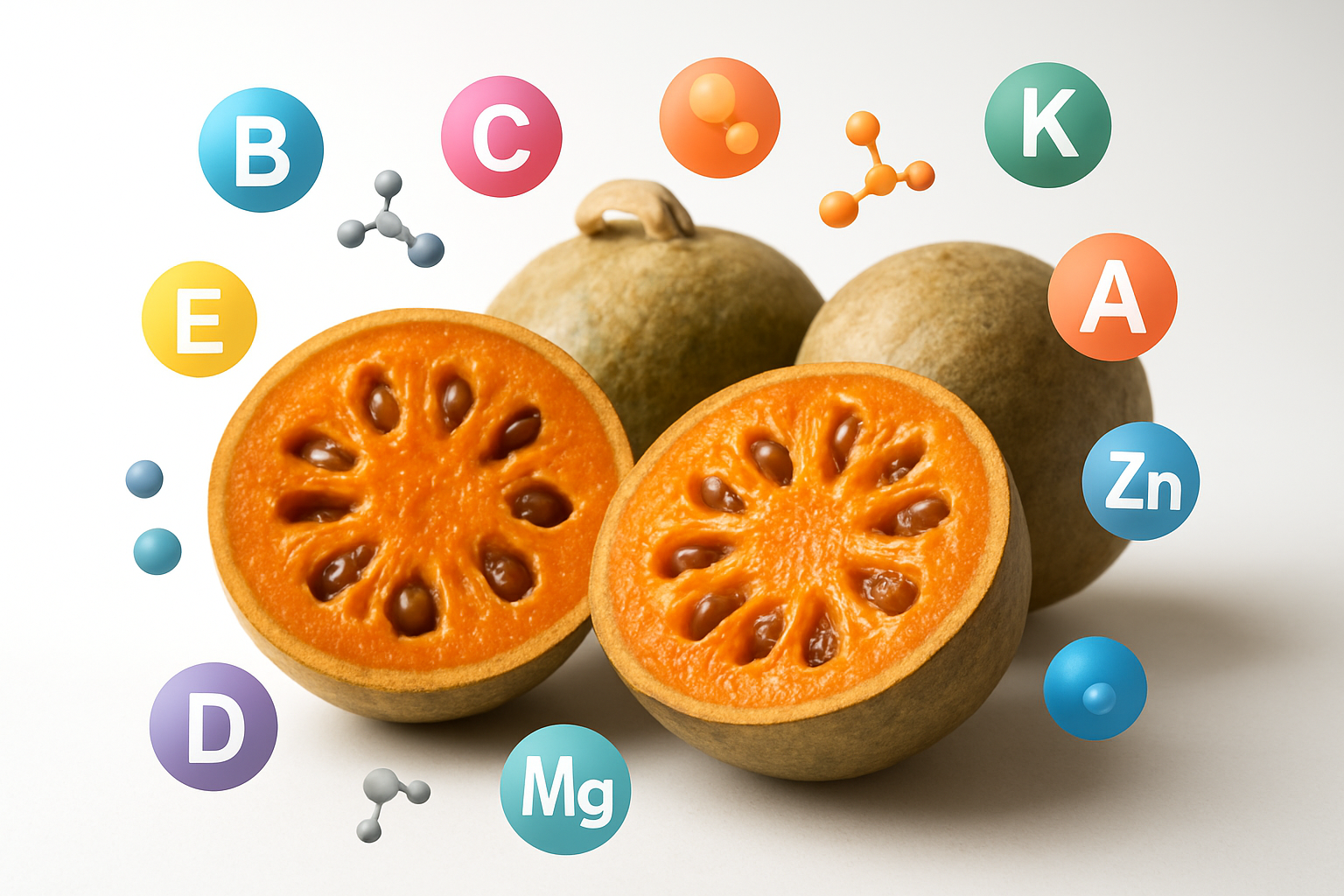 Create a realistic image of fresh bael fruits (wood apples) cut open to reveal their orange pulpy interior alongside a vibrant display of colorful nutrition symbols like vitamin icons, protein molecules, and mineral representations floating around the fruit, set against a clean white background with soft natural lighting that highlights the nutritional richness and health benefits of the bael fruit, with some whole bael fruits with their characteristic hard shell visible in the composition, absolutely NO text should be in the scene.