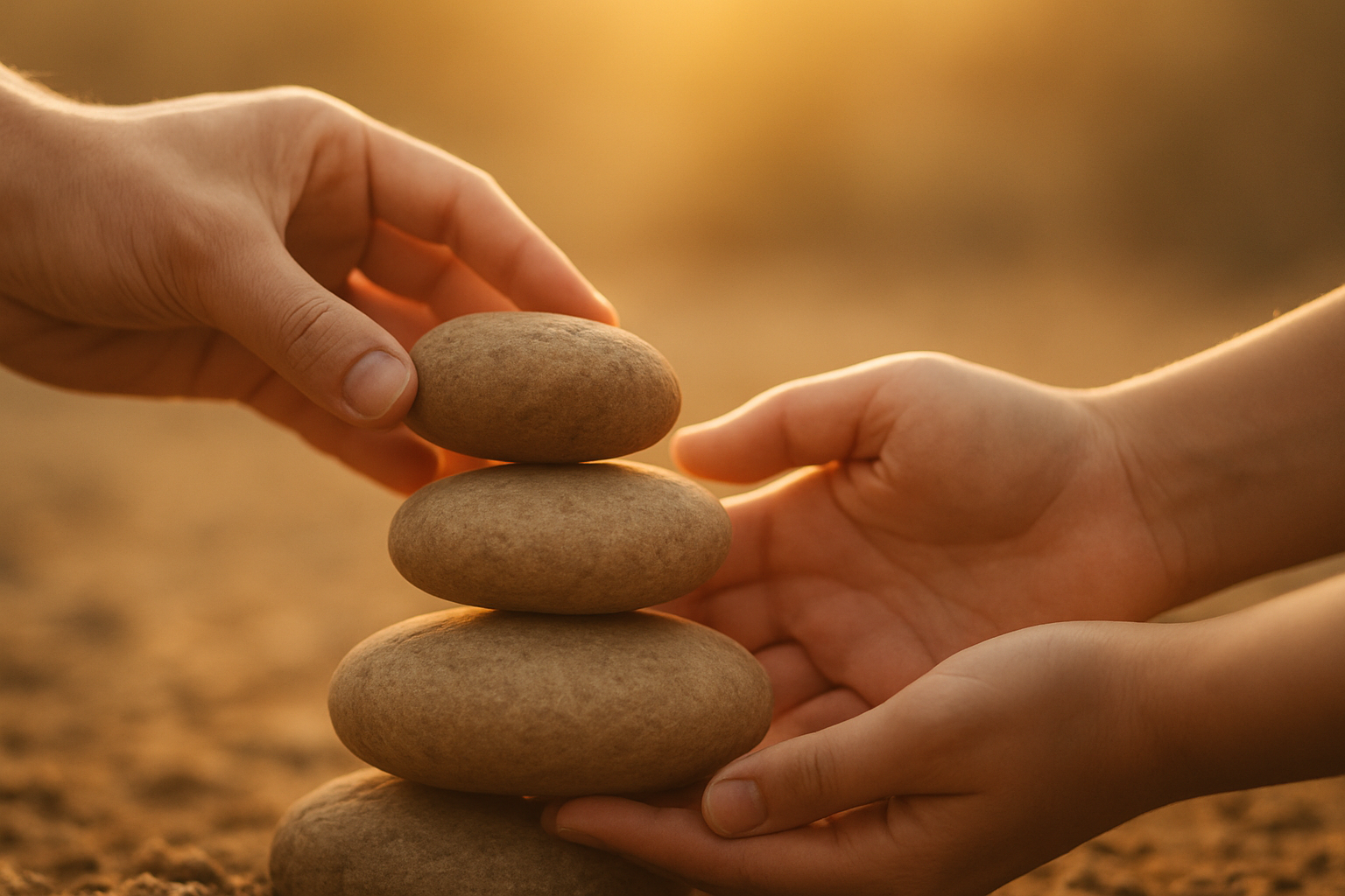 Create a realistic image of two hands gently placing foundation stones together to build the base of a structure, with warm golden sunlight filtering through, symbolizing the careful construction of a strong relationship foundation, soft earth tones in the background, peaceful and nurturing atmosphere, close-up view showing the deliberate and thoughtful placement of each stone, absolutely NO text should be in the scene.