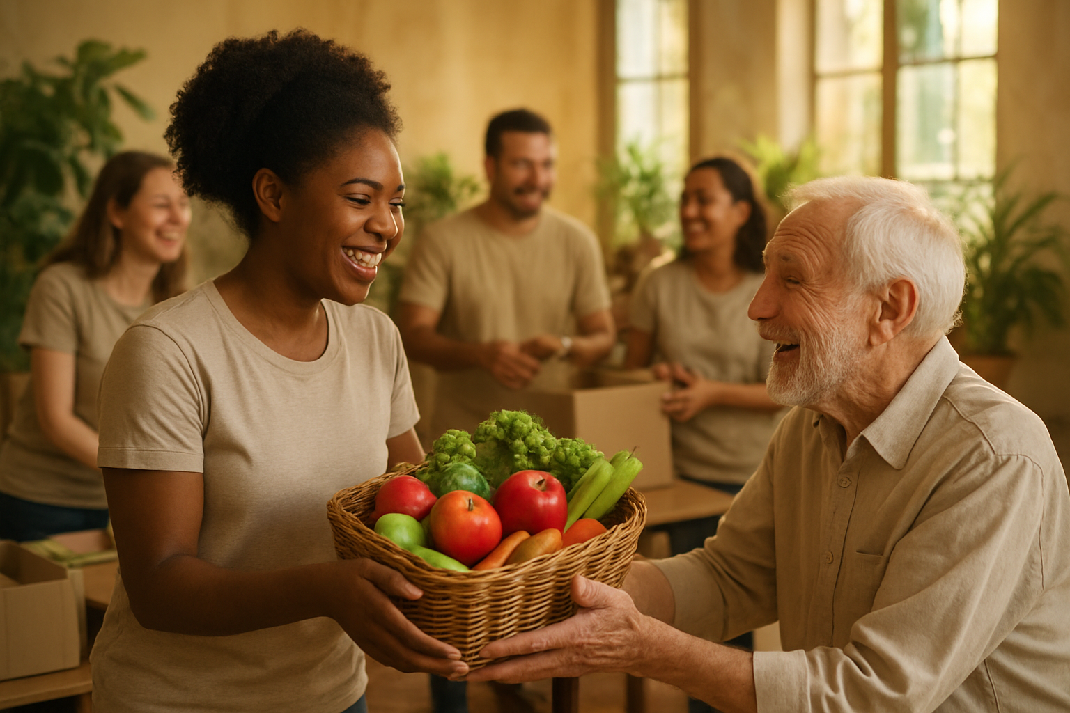 Create a realistic image of a diverse group of people joyfully engaged in an act of generosity, featuring a black female volunteer handing a basket of fresh fruits and vegetables to an elderly white male recipient, set in a warm, sunlit community gathering space decorated with lush green plants and soft golden light streaming through large windows, conveying a mood of compassion, warmth, and spiritual fulfillment, with other volunteers visible in the background sorting donations and sharing smiles, the overall atmosphere radiating abundance, kindness, and heartfelt service. Absolutely NO text should be in the scene.