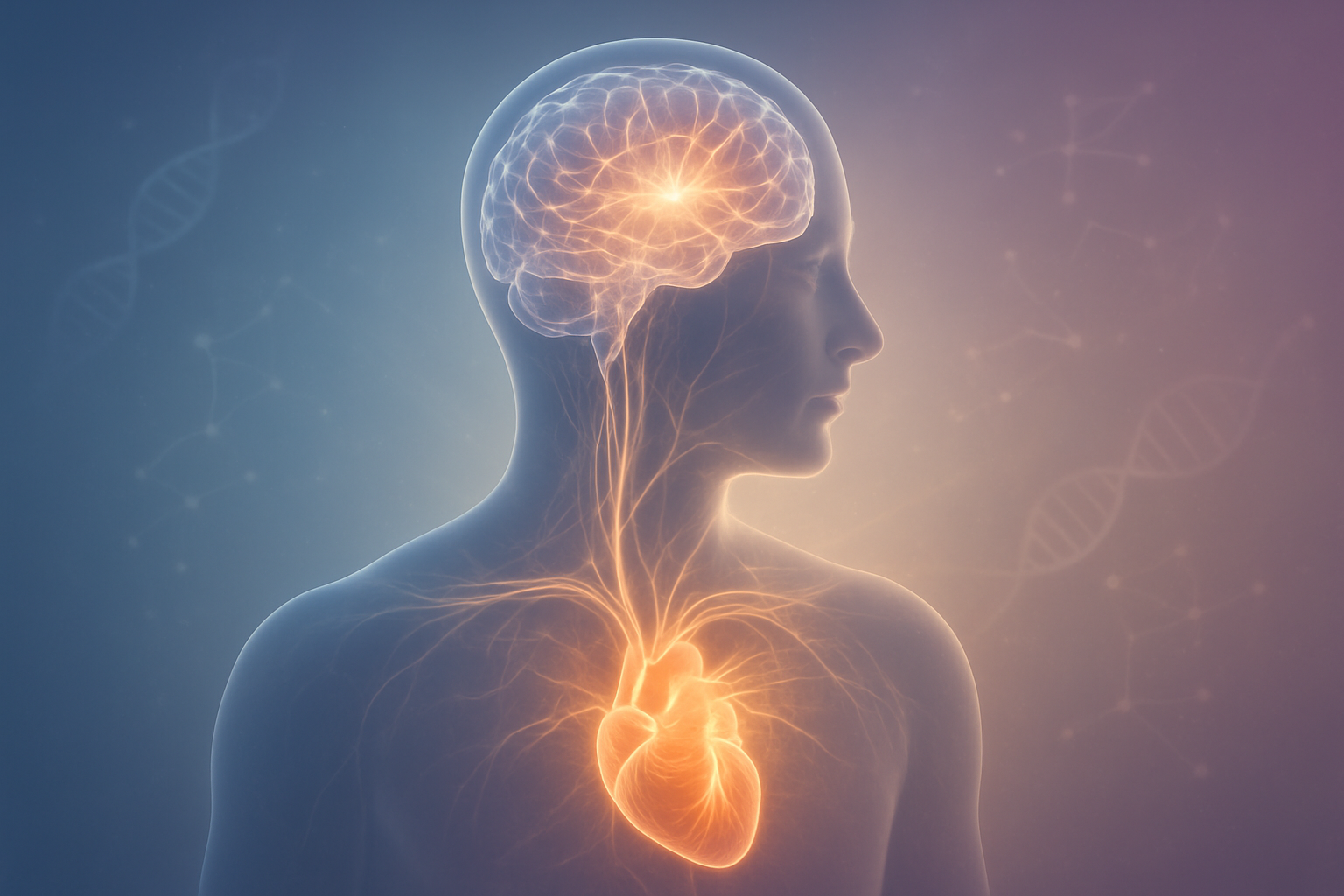 Create a realistic image of a transparent human silhouette showing both the brain with glowing neural networks and the heart with flowing energy pathways, surrounded by gentle light rays connecting the two organs, set against a soft gradient background transitioning from calming blue to warm purple, with subtle floating DNA helixes and synaptic connections in the surrounding space, peaceful and scientific atmosphere with soft diffused lighting, absolutely NO text should be in the scene.
