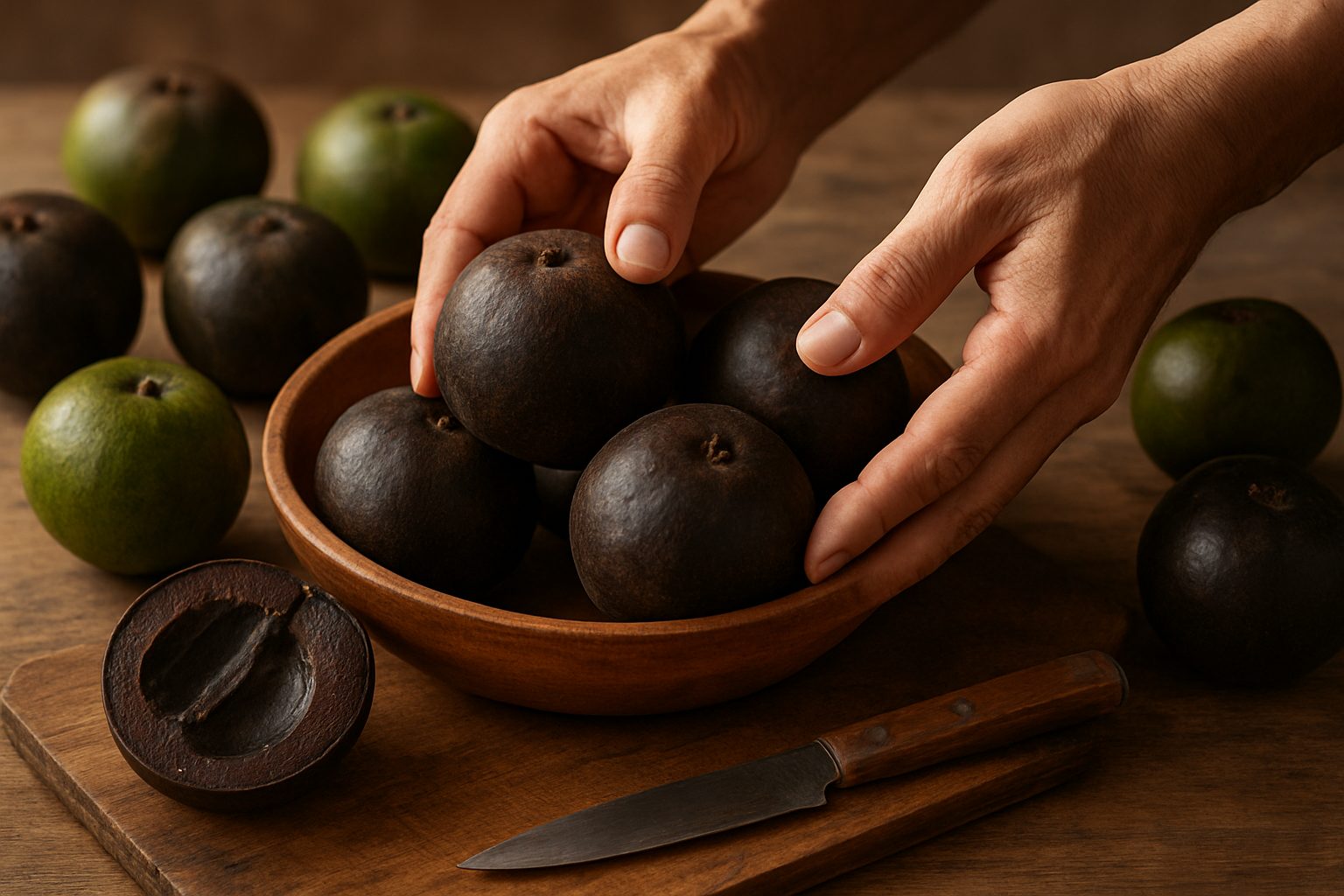 Create a realistic image of hands expertly selecting ripe black sapote fruits from a wooden bowl, with one fruit cut in half revealing its dark chocolate-colored flesh, alongside a sharp knife on a rustic wooden cutting board, surrounded by whole black sapotes in various stages of ripeness from green to dark brown-black, with soft natural lighting highlighting the textures and rich colors of the fruits, absolutely NO text should be in the scene.