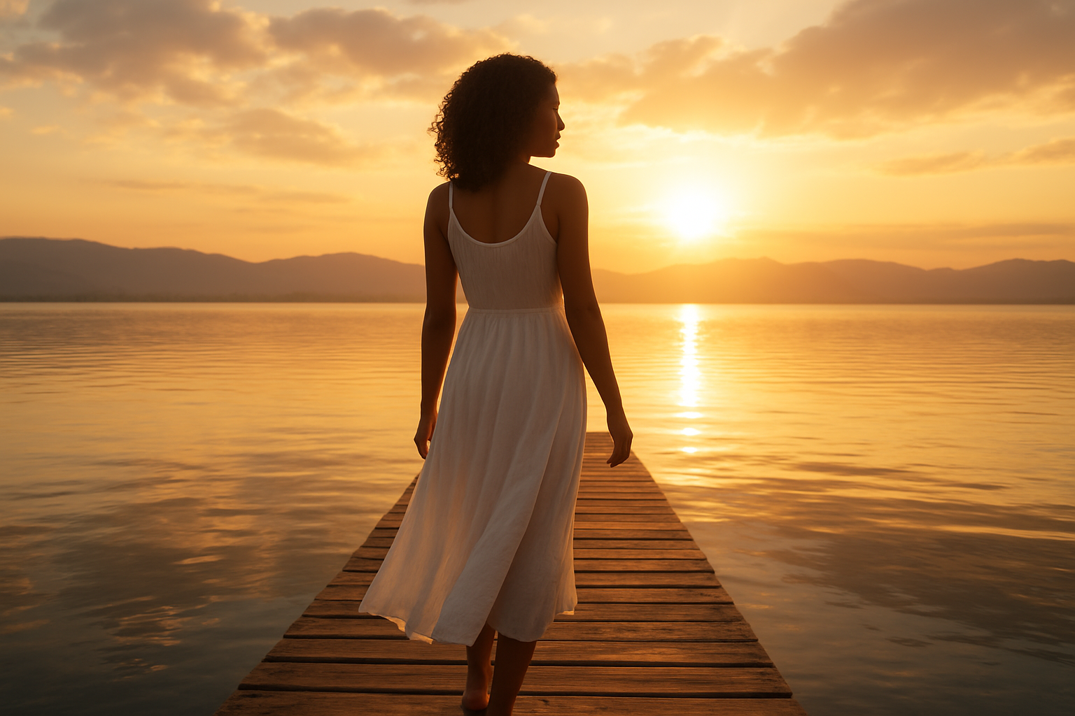 Create a realistic image of a young woman of mixed race standing on a wooden pier extending into a calm lake at golden hour, her back partially turned to the camera as she gazes toward a bright horizon where the sun breaks through soft clouds, wearing a flowing white dress that gently moves in a light breeze, with her arms relaxed at her sides in a peaceful posture, surrounded by serene water that reflects the warm golden and orange hues of the sky, with distant mountains creating a soft silhouette in the background, conveying a sense of hope, renewal, and forward movement, with warm natural lighting creating a tranquil and uplifting atmosphere, absolutely NO text should be in the scene.