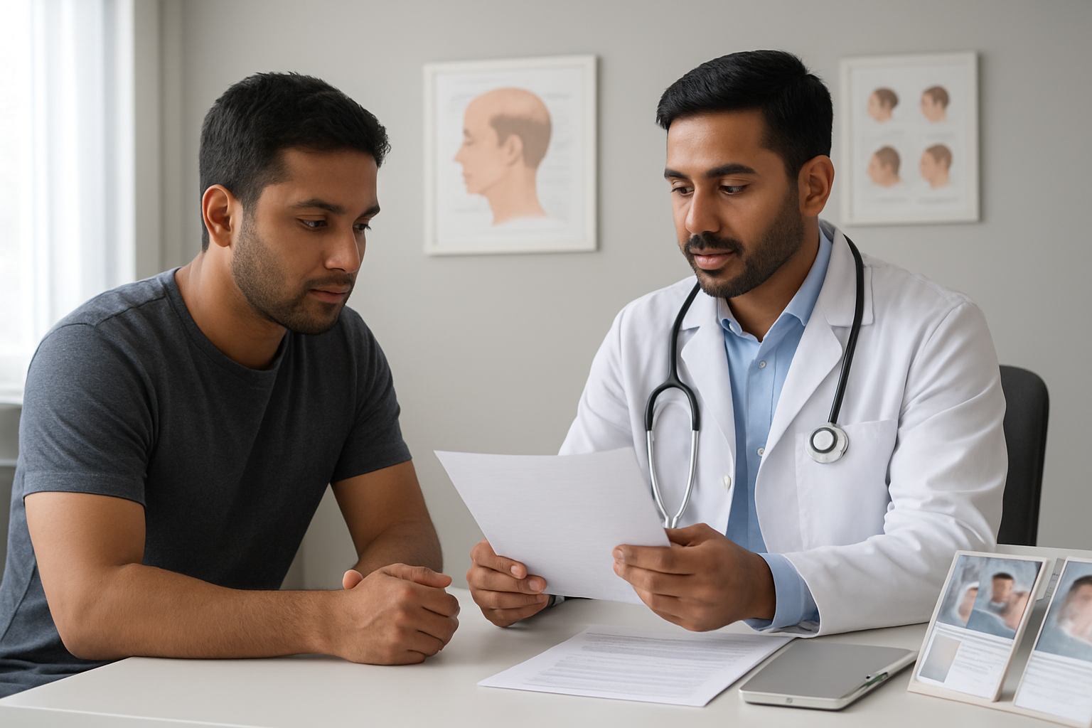 Create a realistic image of a South Asian male patient in his 30s sitting in a modern medical consultation room, reviewing pre-procedure documents and instructions with a professional Indian male doctor in a white coat, with medical charts on the wall, a clean clinical desk with hair transplant informational brochures, soft natural lighting from a window, creating a calm and professional atmosphere that conveys preparation and consultation, Absolutely NO text should be in the scene.
