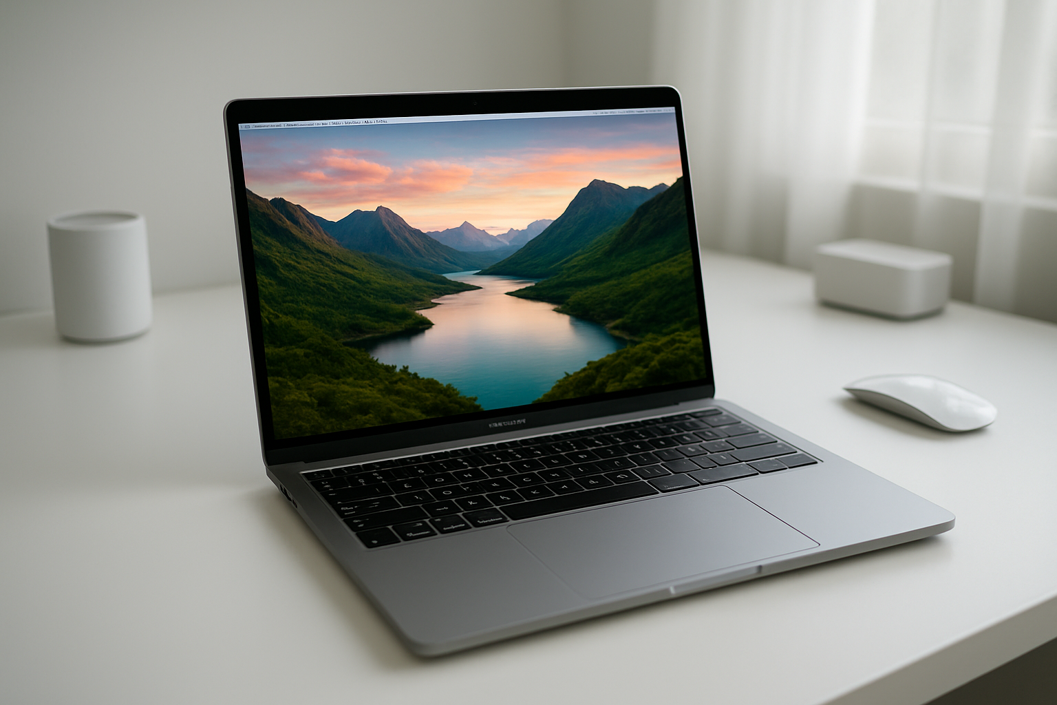 Create a realistic image of a modern MacBook laptop opened on a clean white desk, displaying a stunning high-resolution screen with vibrant colors showing a beautiful landscape wallpaper, with the laptop positioned at a slight angle to showcase the screen's brightness and clarity, surrounded by soft natural lighting from a nearby window, creating gentle reflections on the sleek aluminum surface, with a minimalist workspace background featuring subtle tech accessories, emphasizing the premium display quality and visual excellence of the device, absolutely NO text should be in the scene.