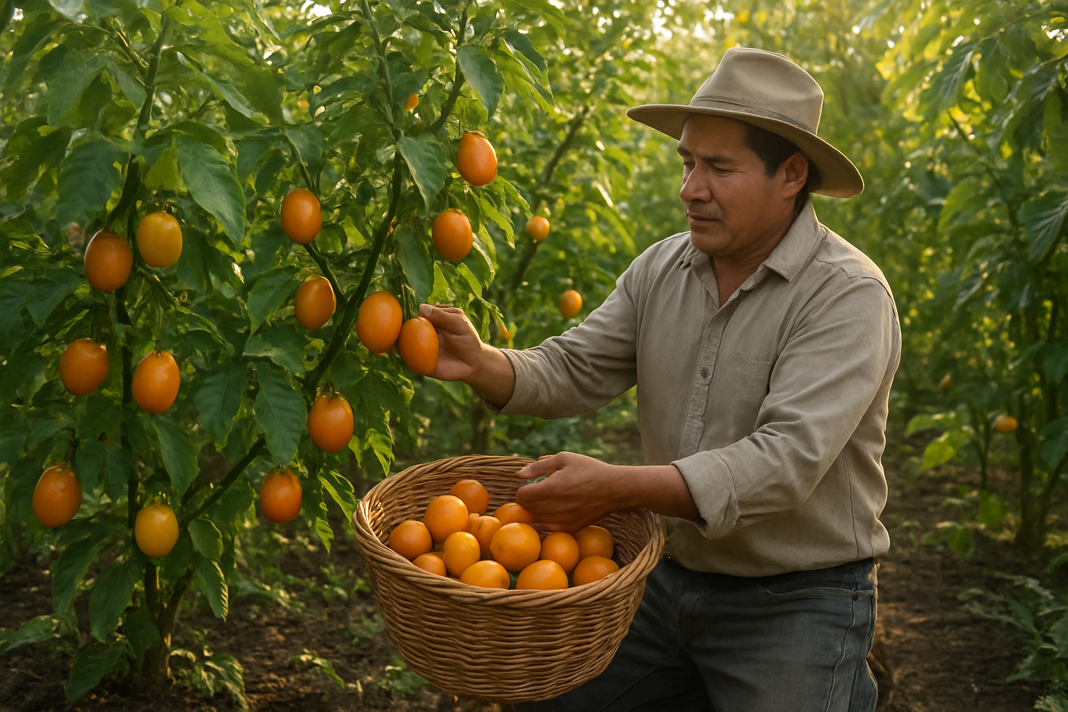 Create a realistic image of a thriving cocona fruit garden with mature cocona plants heavy with ripe orange and yellow cocona fruits hanging from branches, a middle-aged Hispanic male farmer in work clothes carefully harvesting the tomato-like fruits into a wicker basket, lush green foliage surrounding the plants, rich dark soil visible at the base, warm golden sunlight filtering through leaves creating dappled shadows, tropical agricultural setting with other fruit plants blurred in the background, peaceful farming atmosphere conveying successful cultivation, absolutely NO text should be in the scene.